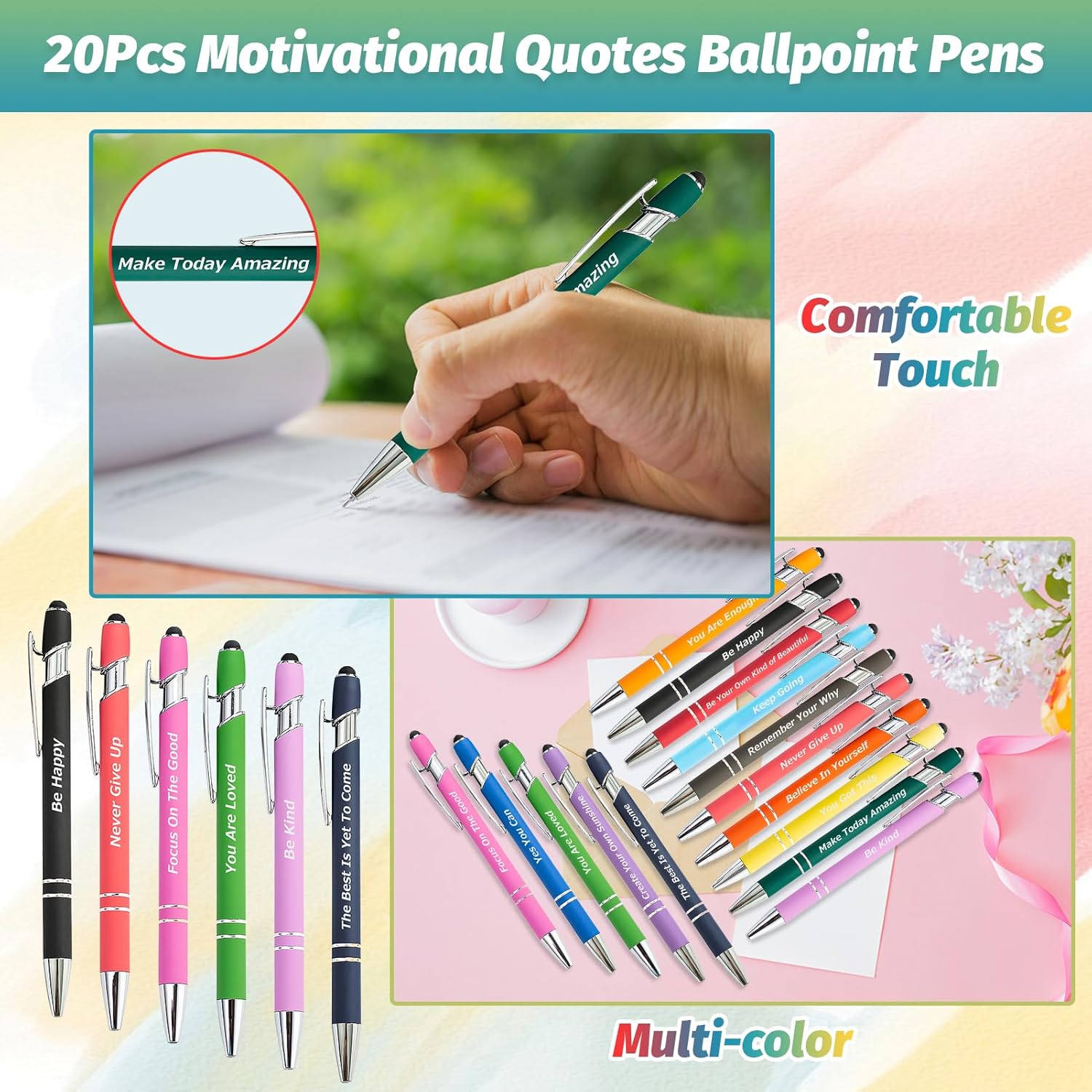 40 Piece Inspirational Pens Kit with Stylus Tip & Sayings – 20 Motivational Pen + 20 Individual Bags – Uplifting Quote & Positive Ideas – For Teachers, Office, School, Meetings, Team Events - Image 5