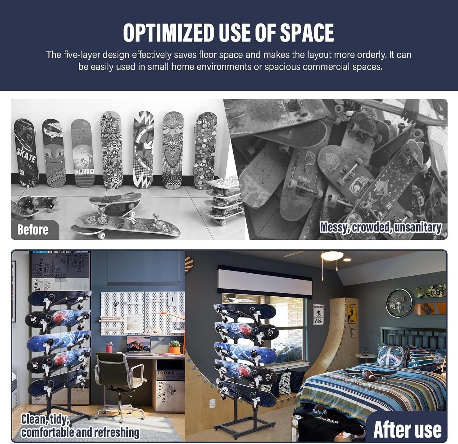 5 Tier Freestanding Skateboard Rack Double-Sided - 50x30x110cm Heavy Duty Skate Board Display Hanger Rack, hold 10 Storage Longboard Deck Organizer, for All-Mountain, Wide, Powder, back-country Skis