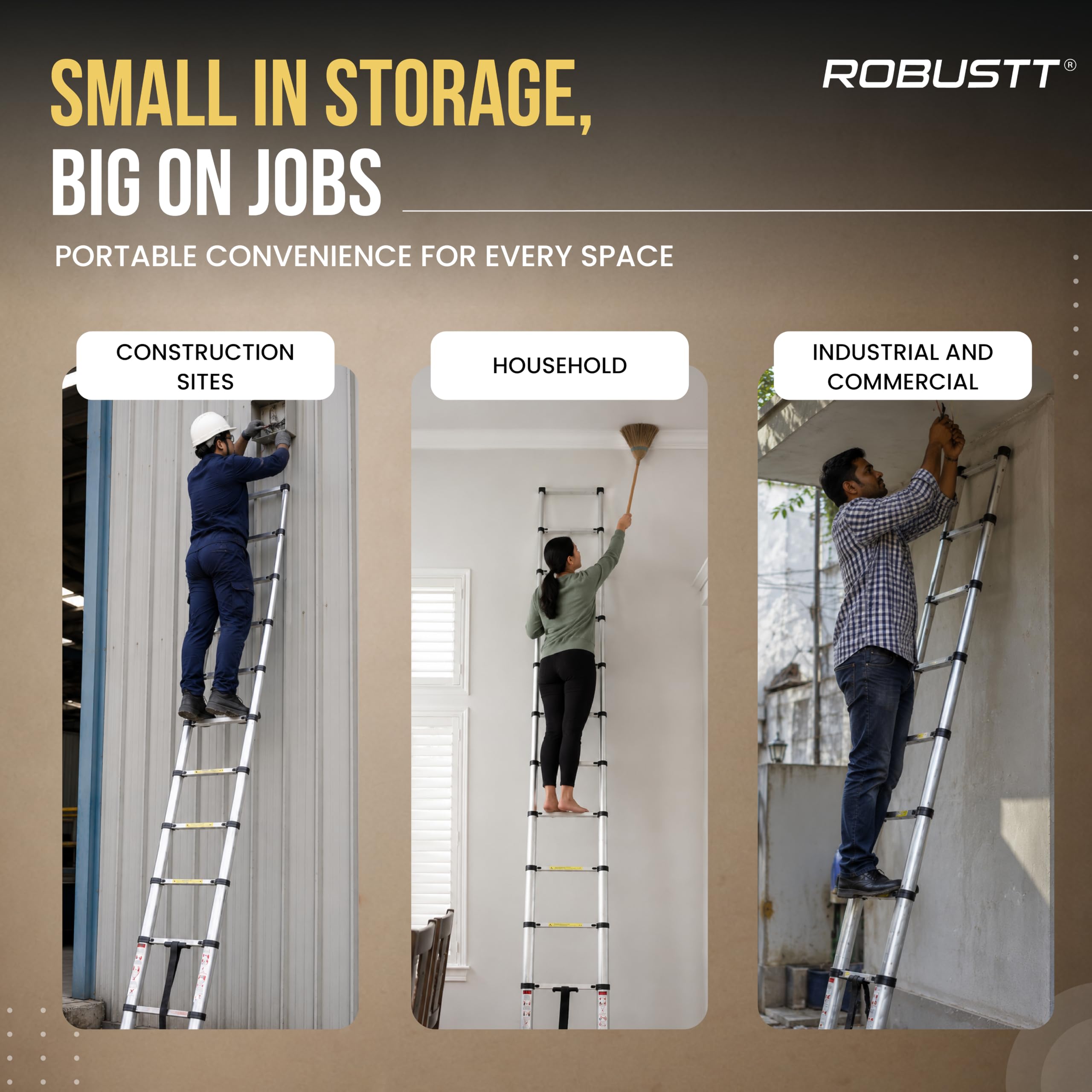 Robustt 12.5 FT / 380 Cm Telescopic Folding Ladder | 150 kg Load Capacity| Locking Steps| Collapsible | Portable Ladder for Home, Construction and Outdoor use | 2 Years Warranty — Amazon image 9
