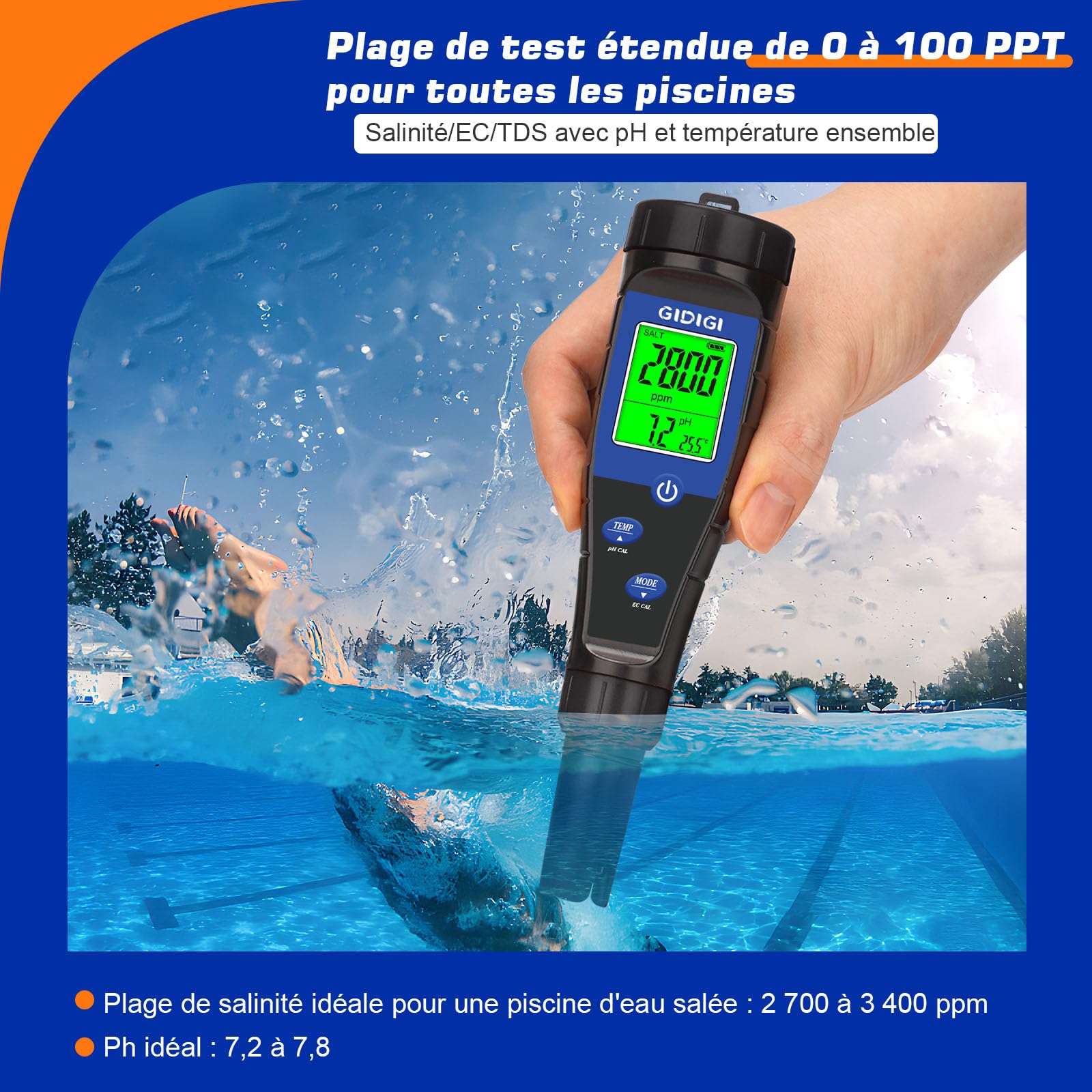 Mètre de pH - Testeur de sel de piscine 5 en 1 - Testeur TDS EC pH avec liquides étalonnage, compteur ppm pH pour piscine eau salée, aquarium, bain à remous, spa, hydroponique, bière