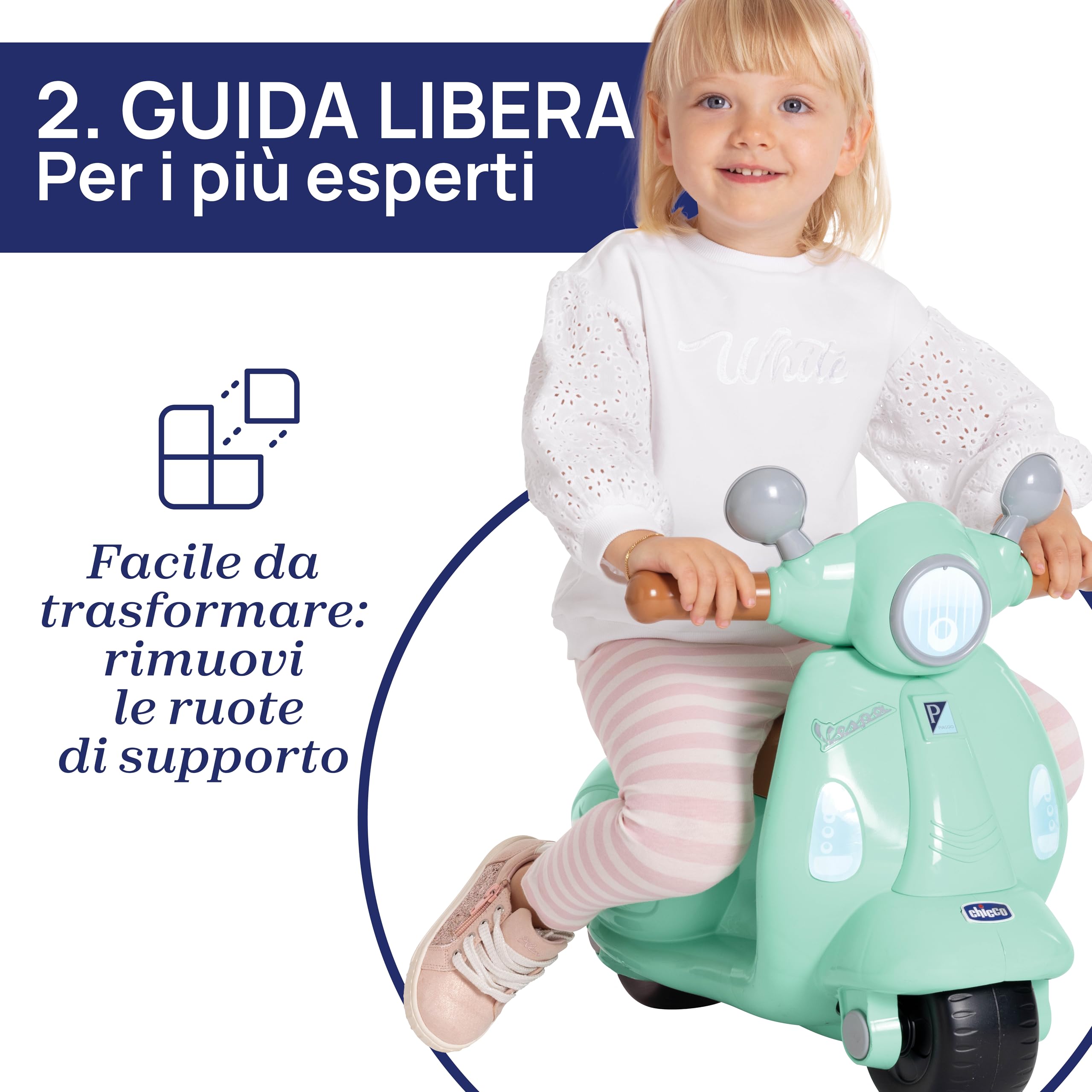 Chicco Vespa per Bambini Primavera, Moto Giocattolo Cavalcabile con Pannello Elettronico, Luci e Suoni, Ruote di Supporto Rimuovibili, Max 25 kg - Giochi per Bambini 1-3 Anni, Verde Acqua