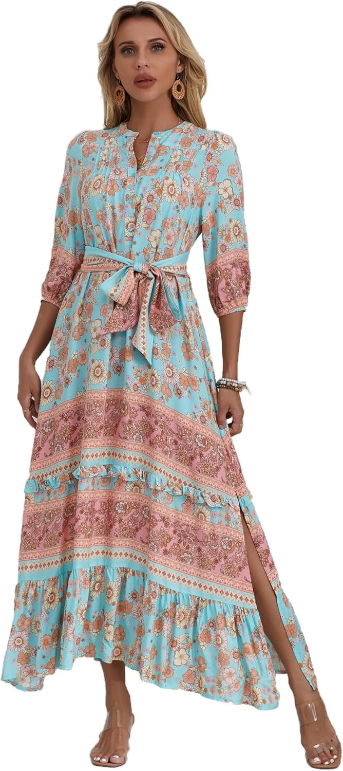 HECCPLI Women 3/4 Sleeves Front Buttons Floral Print Casual Bohemian Maxi Dresses