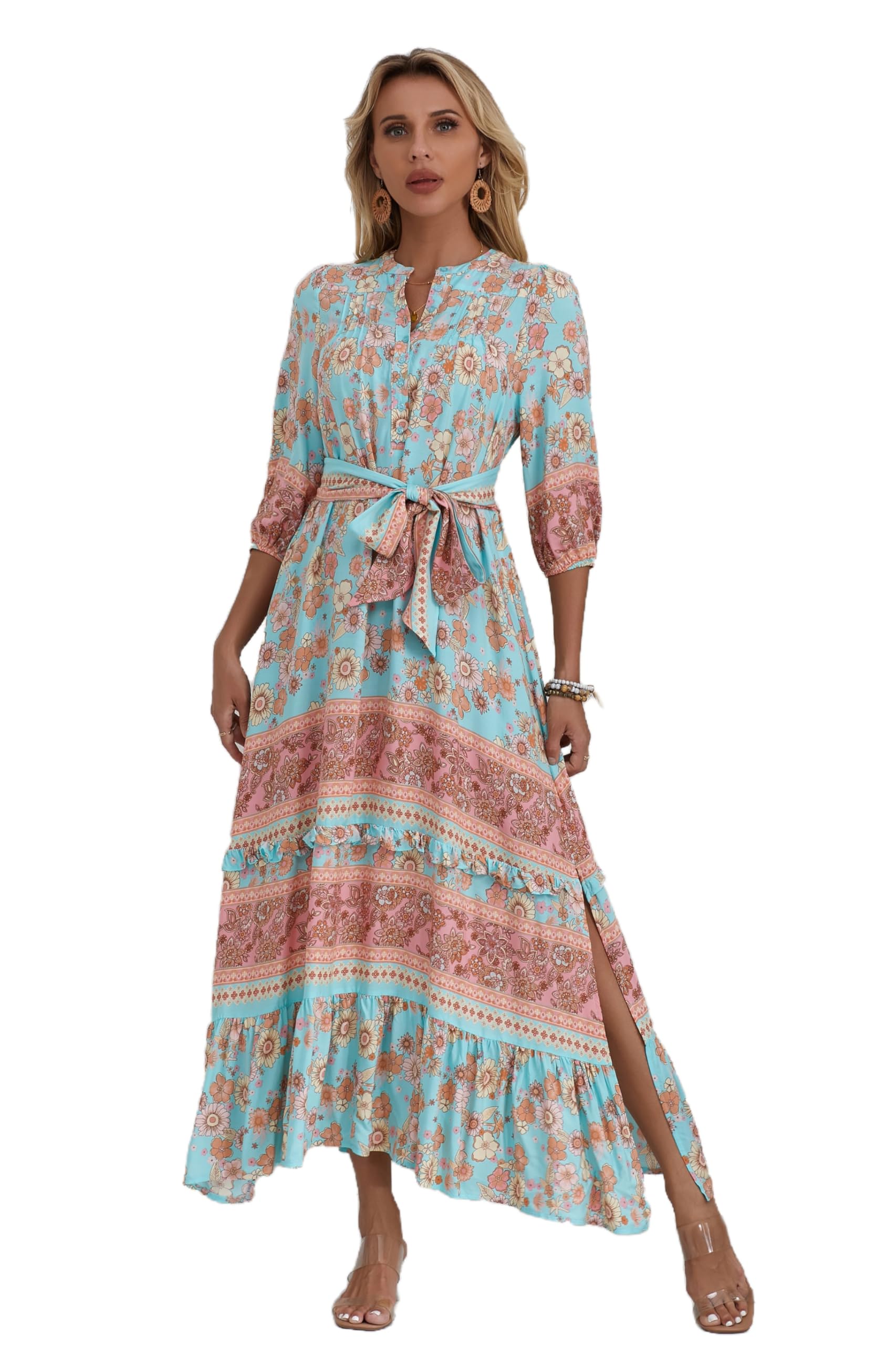Women Boho High-Waist Floral Print Maxi Dress 3/4 Sleeve Casual | Soft Rayon, Breathable, Quick-Dry. High-Waist with Adjustable Belt, Flattering Hem. Ideal for Beach, Work &amp; Dating.