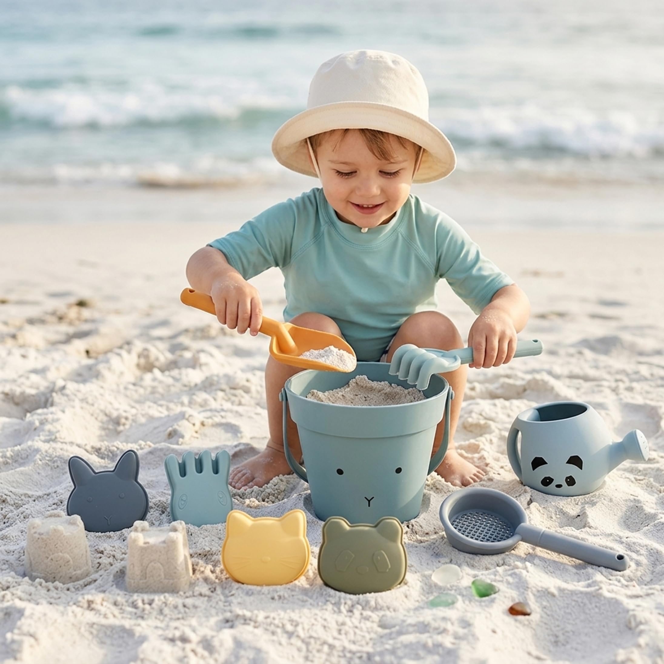 Set di giocattoli di sabbia in silicone Set di 9 pezzi di giocattoli da spiaggia di design di coniglio per bambini Kit di giochi d'acqua con sabbia interattivi per i genitori Divertimento all'apert