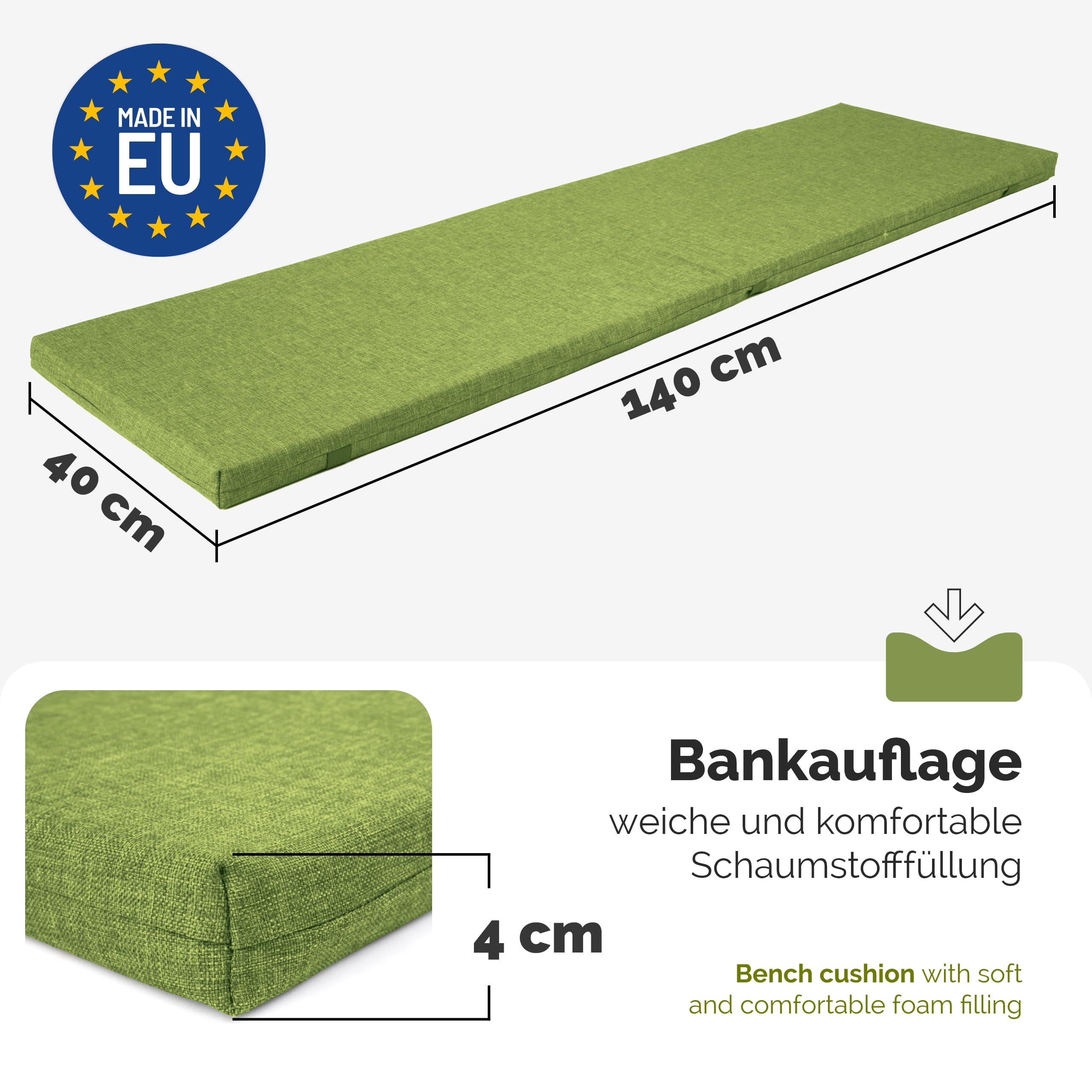 Garronda Bankauflage wasserabweisend 140x40 cm ca. 4 cm dick Sitzkissen Outdoor für Gartenbank und Hollywoodschaukel Polster Auflage für Sitzbank UV-beständig mit Bändern GD-0220 Grün