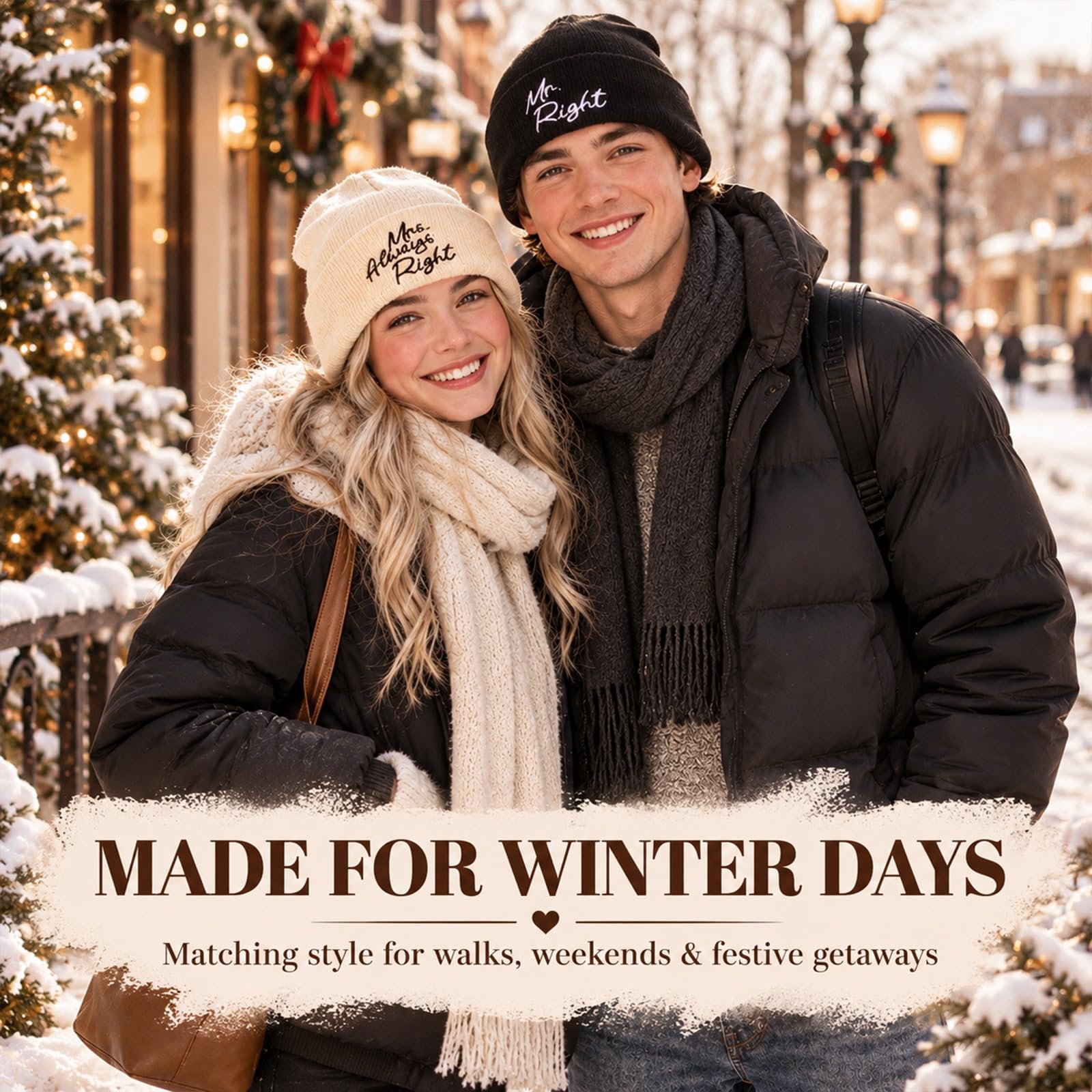 Geyoga 2er Set Partner Wintermützen mit Spruch, Beige und Schwarz