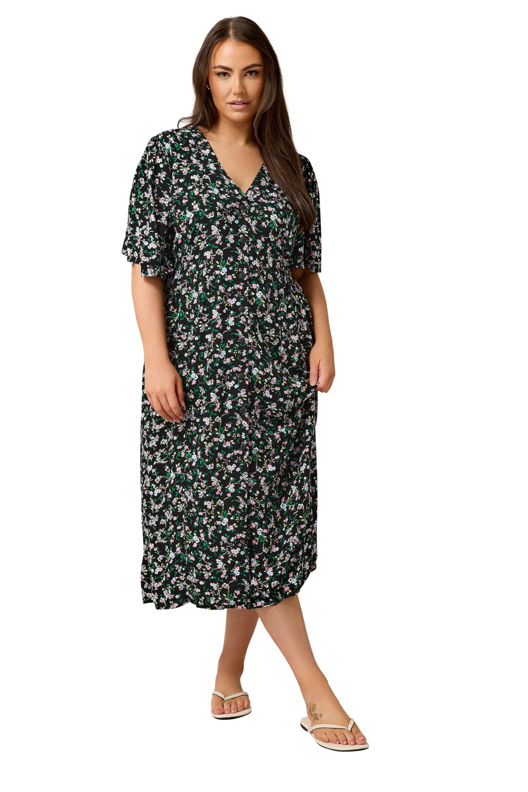 Evans Women's Black Plus & Pink Floral Print Midi Dress Size 30-32