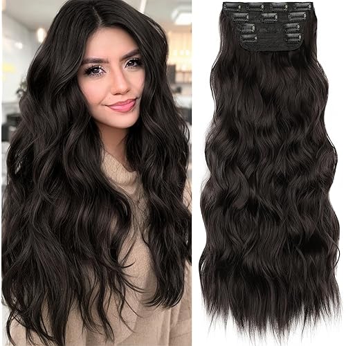 KooKaStyle Clip in Synthetic Hair Extensions Long Wavy 4PCS Thick Hairpieces Dark Brown 6# Fiber Double Weft Natural Hair Extensions 24 Inch for Women