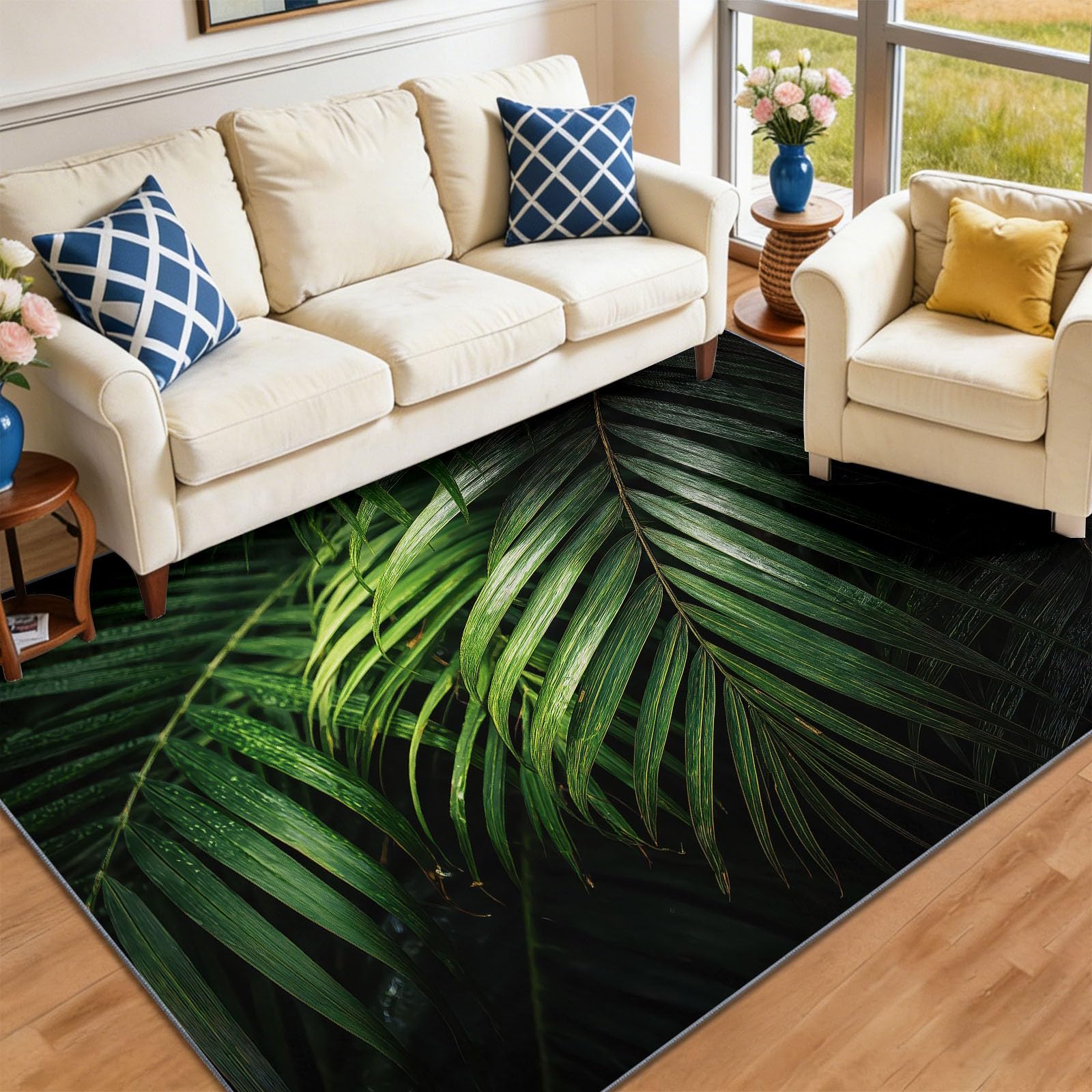 Tapis Chambre Salon Feuilles Palmier Feuilles Tropicales Lumière Ombre Doux Antidérapant Lavable en Machine Tapis Décoratif de Style Photographie Nature pour Entree Interieur, 180 x 240 cm Vert
