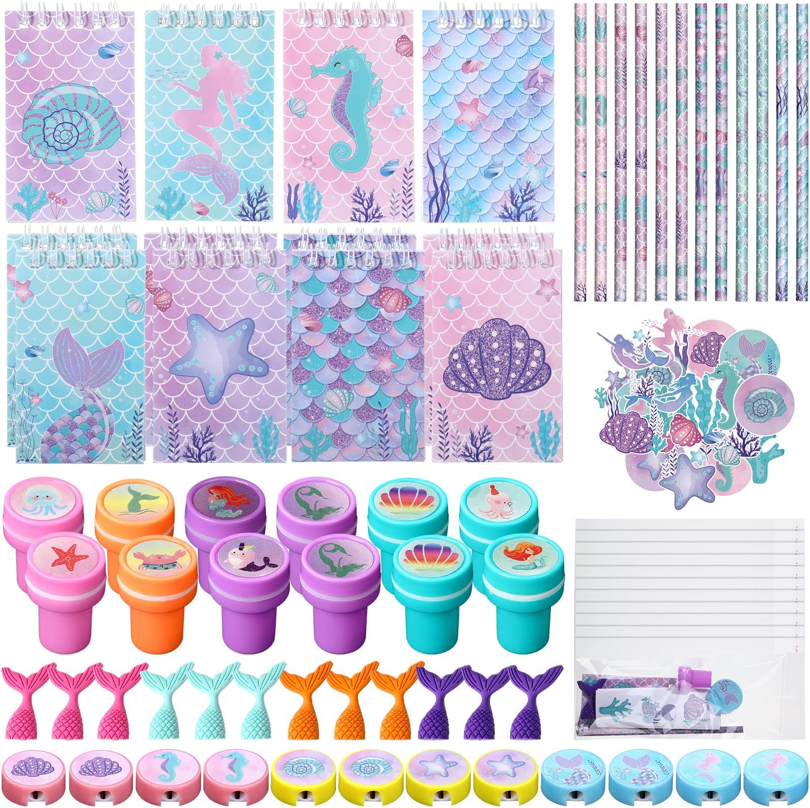 Faccito 86 Sets Mermaid Party Favors Mermaid Birthday Decoration Supplies School Stationery Set Gift Notebooks Pencils Sharpener Erasers Stickers Stampers Under the Sea Ocean Party Favors (Beautiful)
