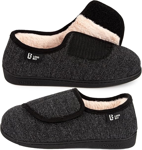 LongBay Women's Diabetic Slippers Furry Memory Foam Adjustable Extra
