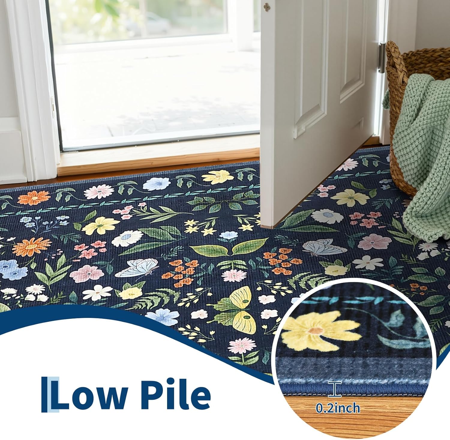 GarveeHome Washable Runner Rug 2x6, Floral Boho Area Rug for Hallway, Low-Pile Non-Slip Stain Resistant Carpet for Kitchen, Bedside,Laundry Room,Entryway (Blue)