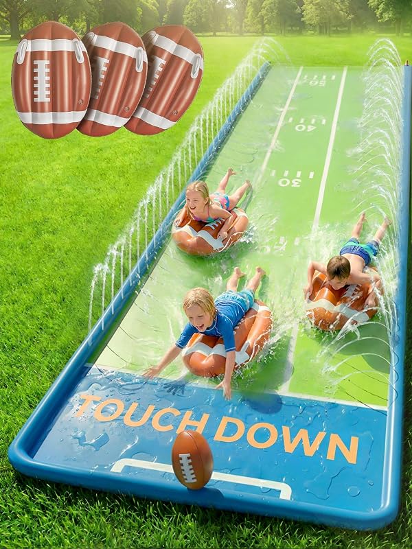 Funscape Kids Triple Water Slides W/ 3 Bodyboards, 1 Inflatable Football | 20Ft Slip and Slides Outdoor Backyard Game W/ Sprinkler, Outside Lawn Yard Water Toy, Summer Party Gift Boys Girs Family