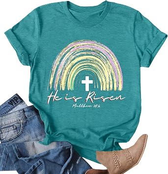 Ithalt Easter Shirts for Women He is Risen Tshirt Easter Christian T-Shirt Jesus Lover Short Sleeve Tops