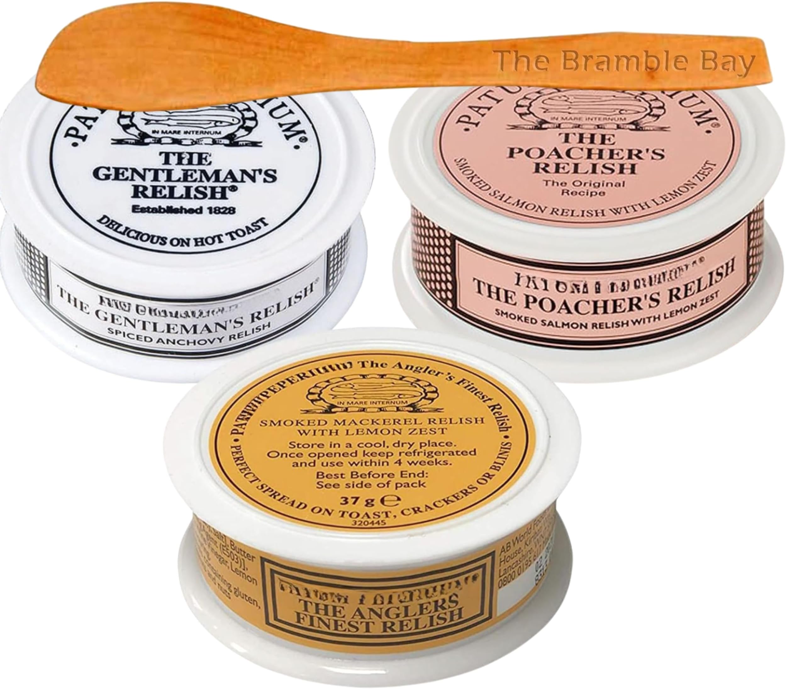 The Bramble Bay Gentleman's Relish Patum Peperium Paste Spread Bundle Includes Spiced Anchovy 42.5g, Smoked Salmon 39g, Smoked Mackerel 37g, Wooden Spreader