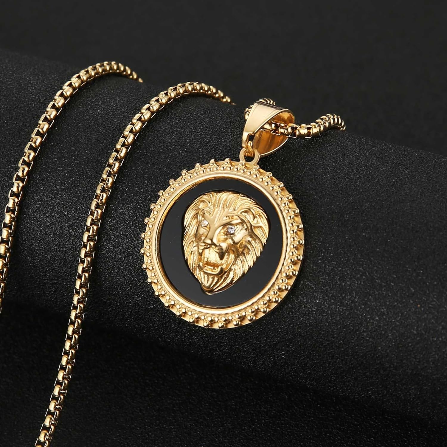 HZMAN Mens Lion Circle Medal Necklace Gold Plated Stainless Steel Shiny CZ Pendant - Image 3