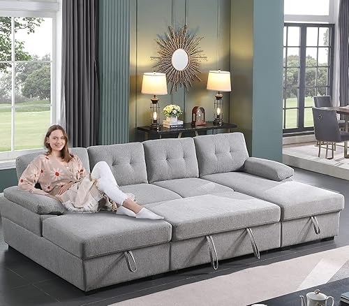 Miniatura 5 de asunflower Sofá cama seccional con cama extraíble, sofá modular de gran tamaño con diván de almacenamiento en forma de U, color gris