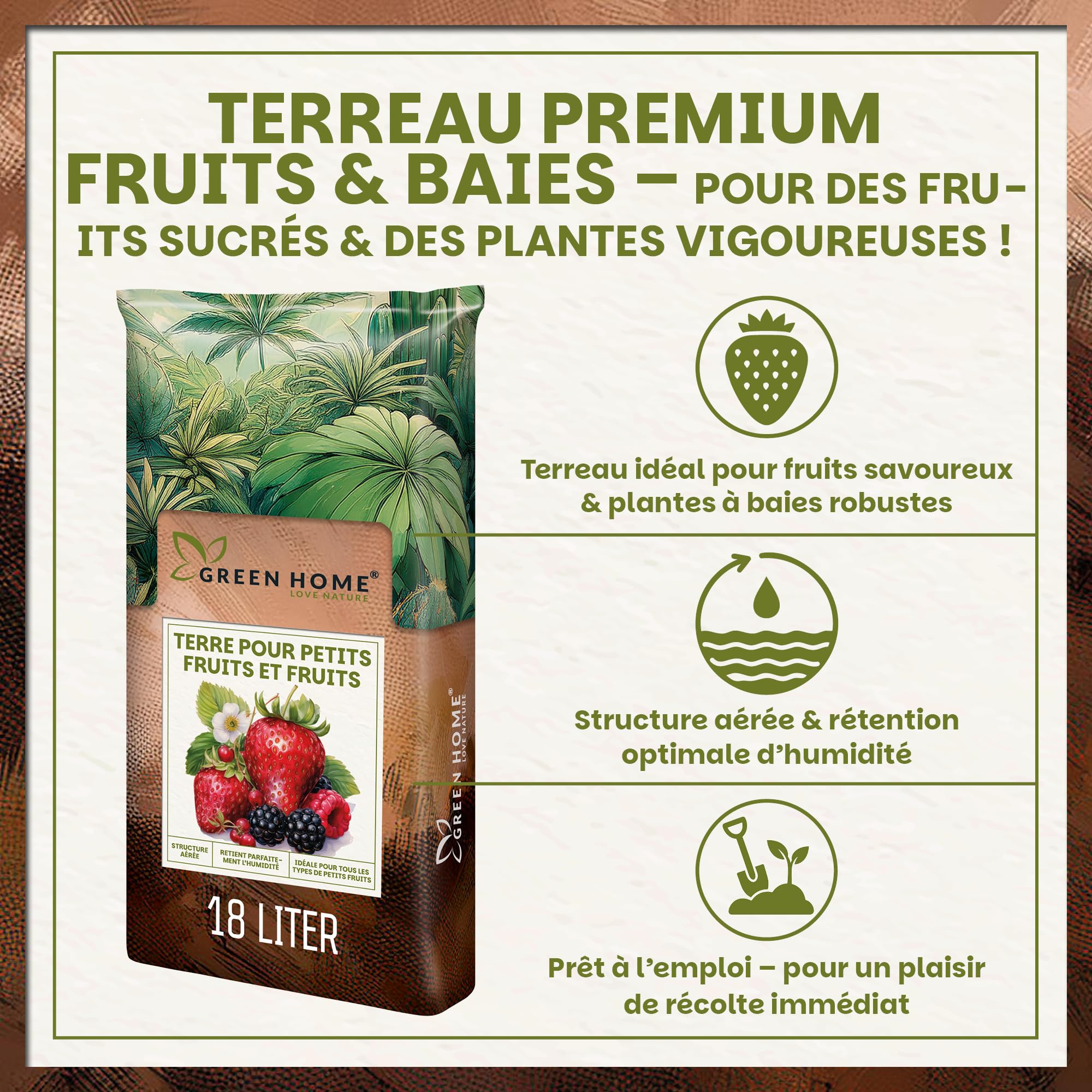 Green Home Terreau Fruits Rouges 18L Bio avec Engrais Longue durée pour fraisiers tomates Potager Balcon carré Potager Jardin Pots bacs Croissance vigoureuse récolte abondante