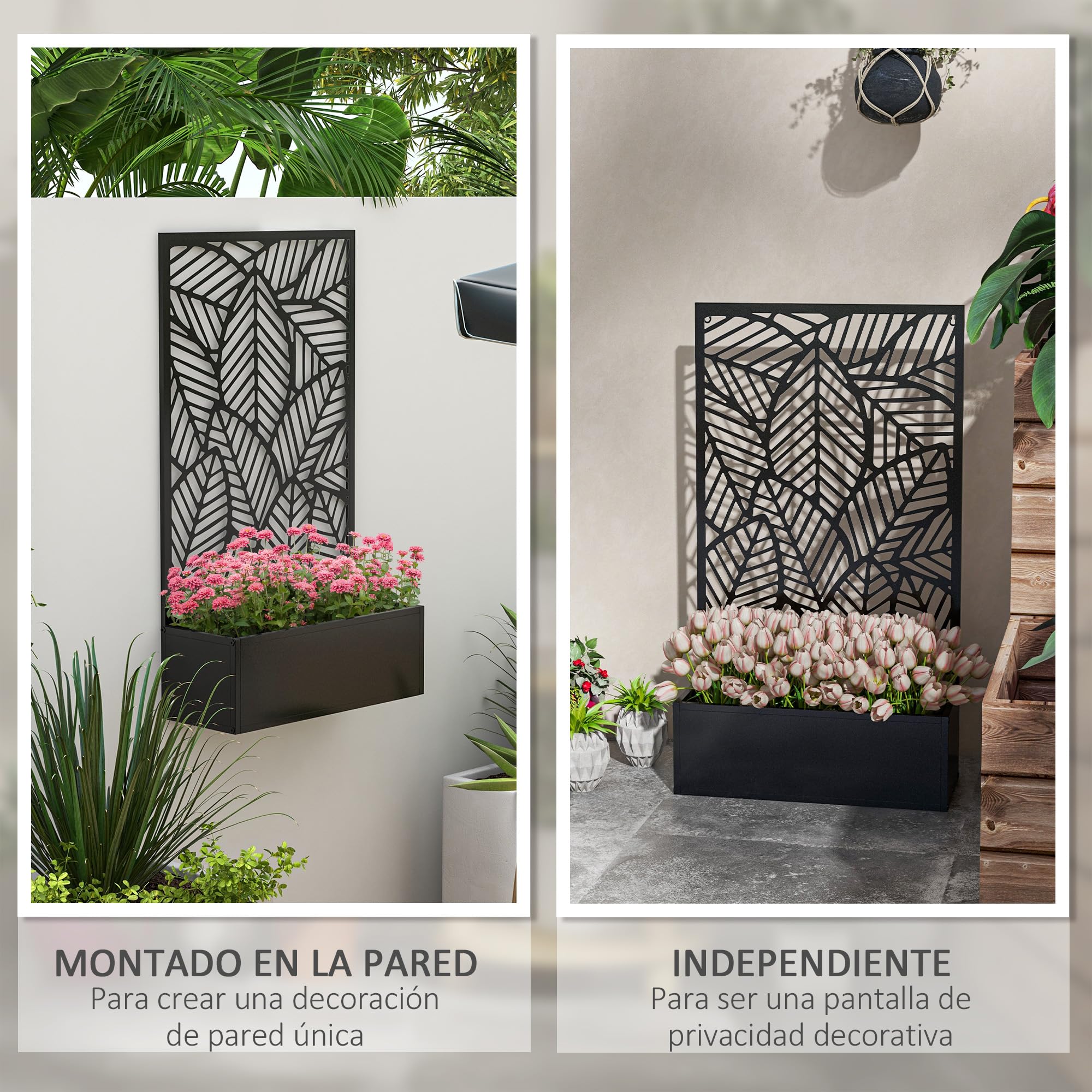 Outsunny Jardinera Exterior Grande de Metal Jardinera con Pantalla de Privacidad de Hojas Decorativas Jardinera de Pared o Independiente para Patio Terraza 61x23x113 cm Negro