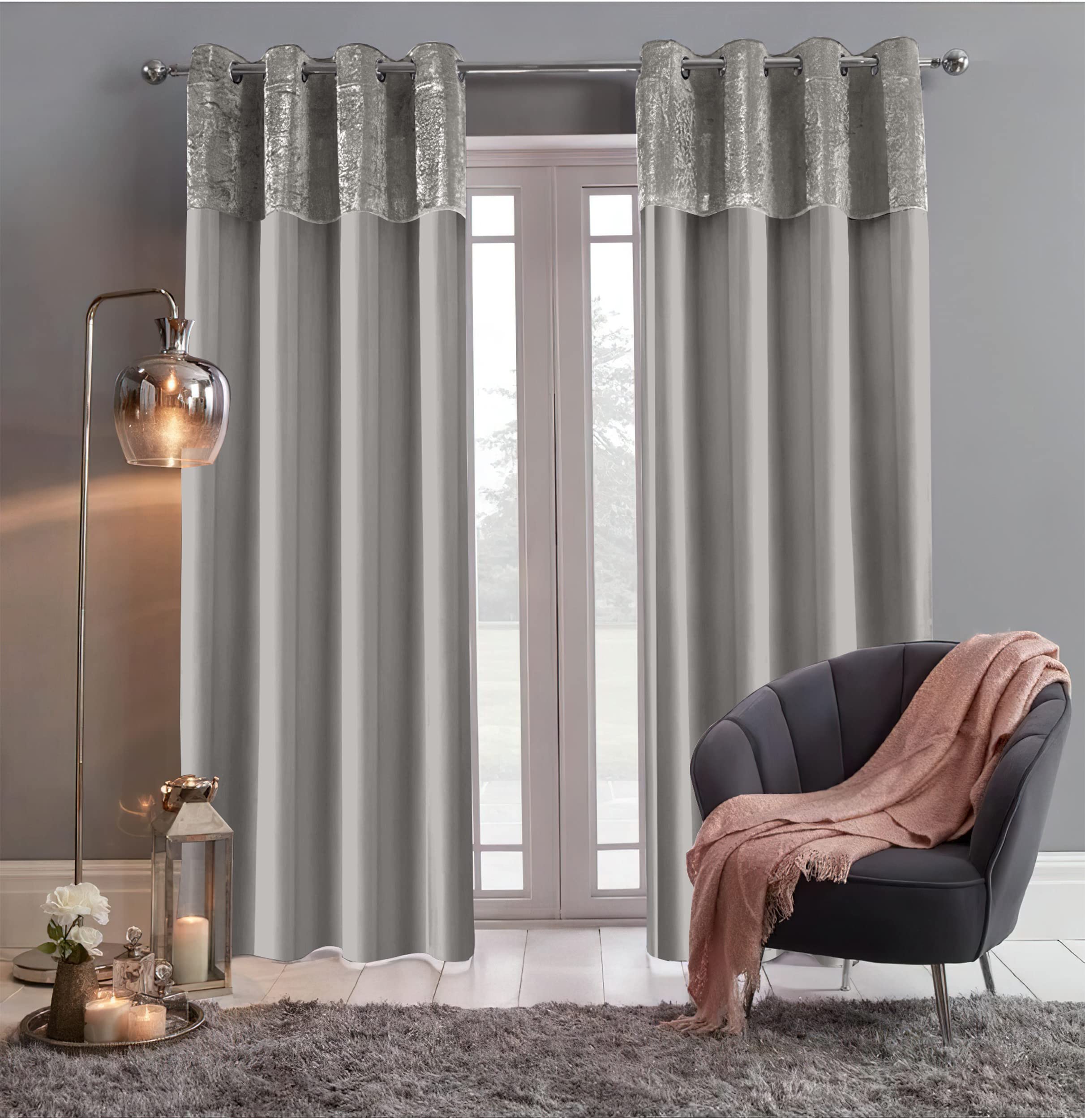 Roseley Light Grey Crushed Velvet Band Curtains Eyelet Ring Top 2 Panels Fully Lined Faux Silk Window Treatment Elegant Solid Colours (66 X 72'' )