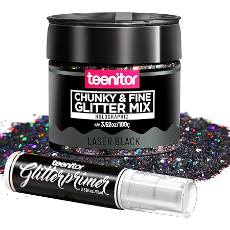 Festival Chunky and Fine Glitter Mix, Teenitor Iridescent Glitter Flakes with Glitter Primer,Face Body Eye Hair Nail Resin Tumbler Glitter Loose Glitter, Laser Black