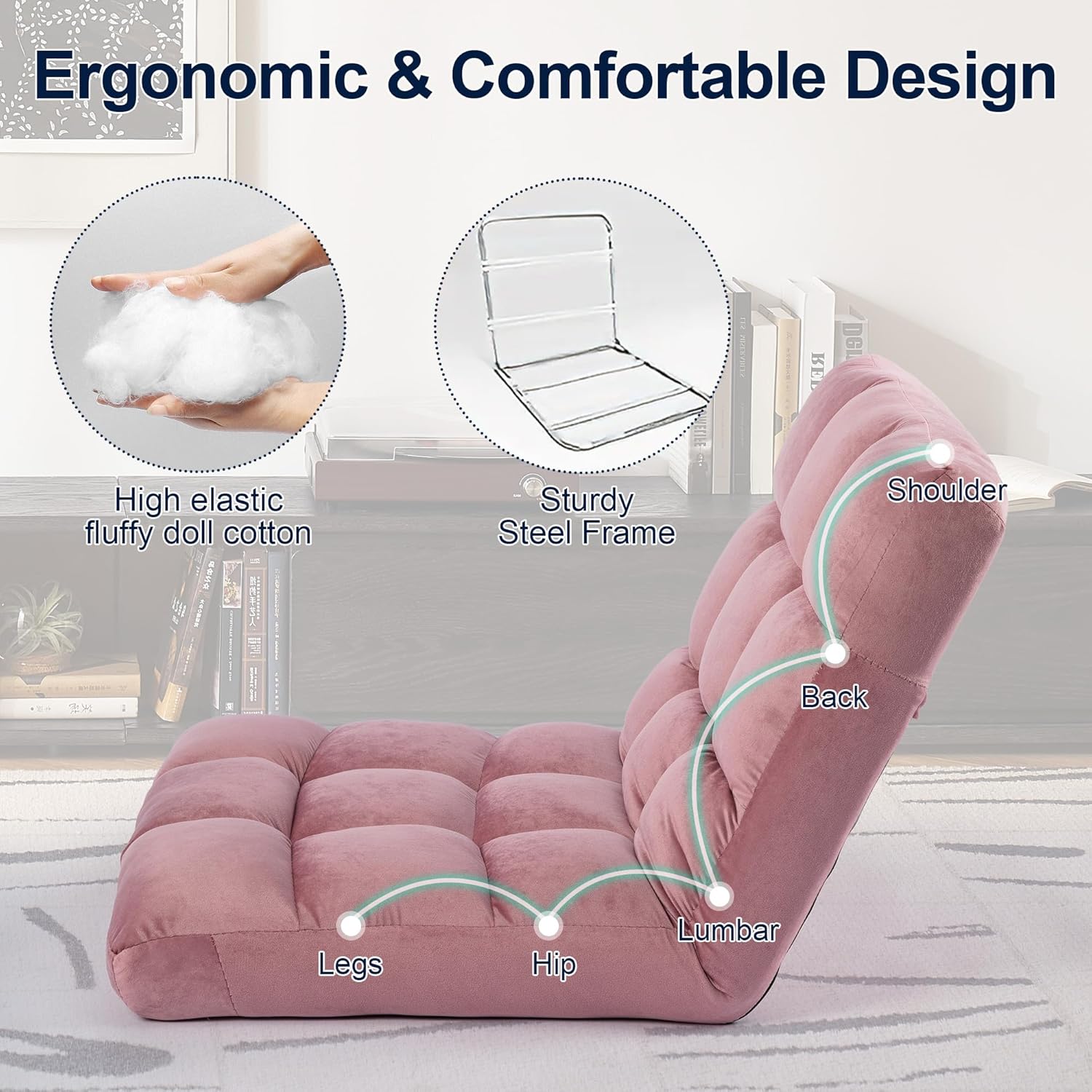 Floor Chair, 24 inches Wide Oversized Velvet Armless Lay Flat Floor seat Padded Meditation Chair with 6 Adjustable Position Ergonomic Comfortable Convenient(LRSF-008-PINK)