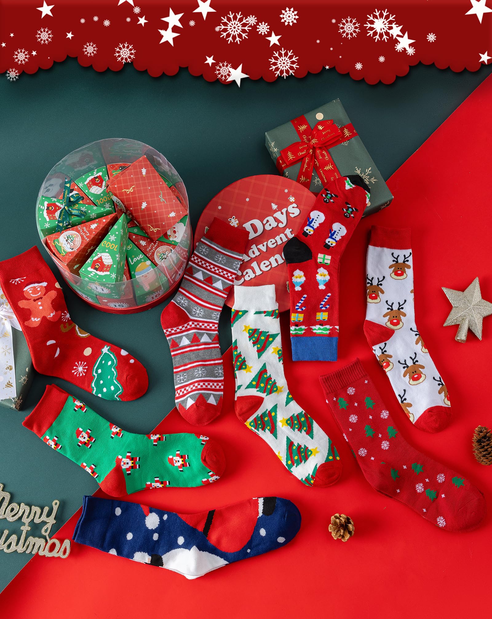 Yawlsow Calendario de Adviento de 24 pares de calcetines de Navidad 2025, caja de cuenta regresiva de 24 días para adultos y niños, regalos de fiesta de Navidad
