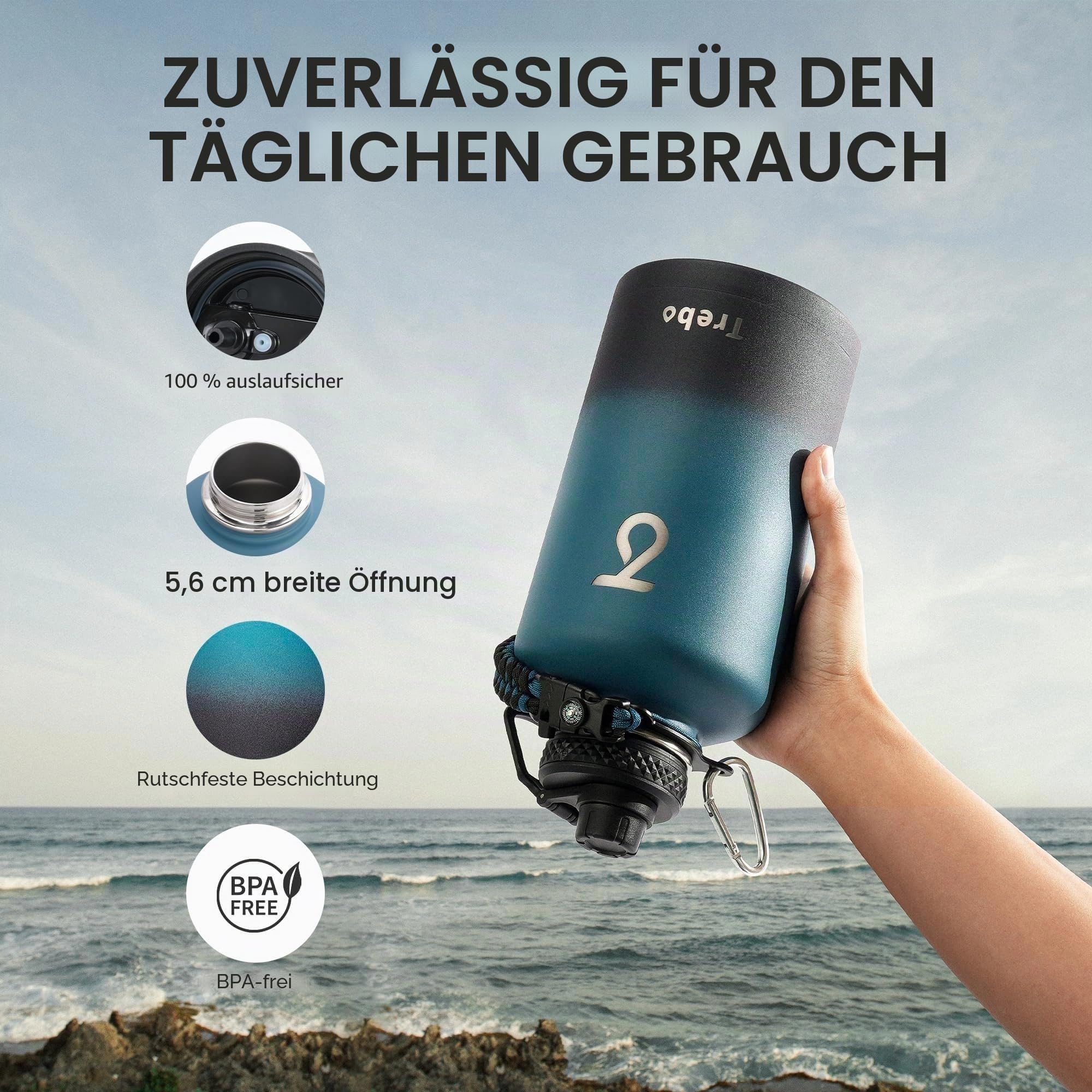 Thermosflasche mit Strohhalm 2L, Trebo Trinkflasche Edelstahl mit Paracord-Griff & 3 Deckeln, Edelstahl Trinkflasche Große Sportflasche Kalt halten 48 Stunden Wasserflasche, Indigo Schwarz