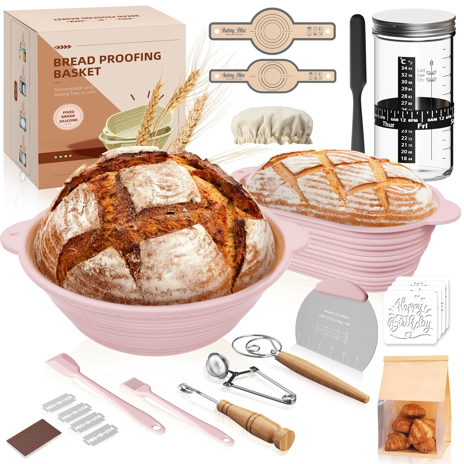 2 Banneton pour pain pliables en silicone, Kit de démarrage pour levain 12 pièces (29 cm ovale & 28 cm rond), bocal 730 ml, ensemble complet de cuisson, Débutants & boulangers expérimentés
