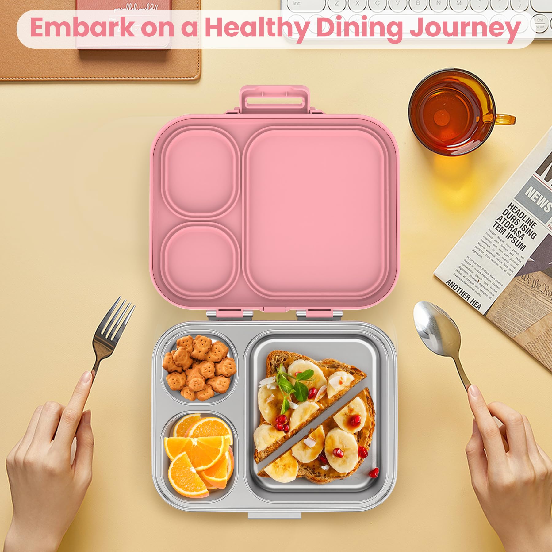 Pawtong Lonchera Bento de acero inoxidable para niños, contenedor de 3 compartimentos para niños, 100 % a prueba de fugas, apta para lavavajillas, ecológica, control perfecto de porciones para comidas