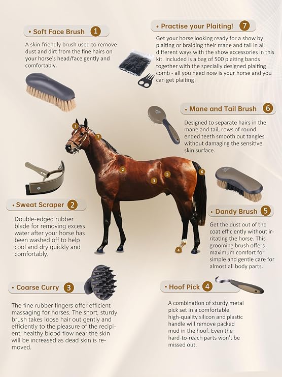 Harrison Howard Horse Grooming Brushes Kit 7 pieces with Organizer Tot Equine Care Series Horse Brush Sets Black