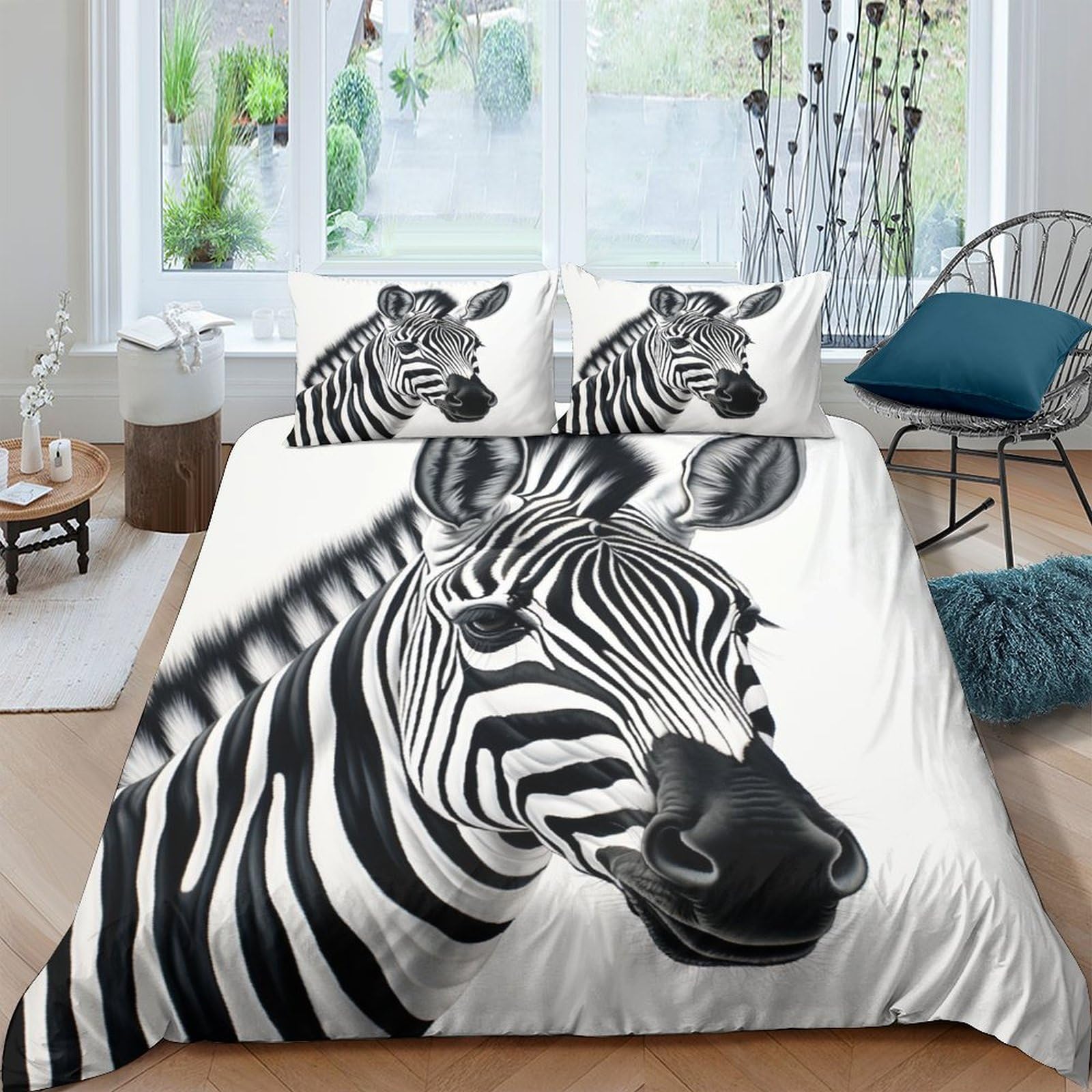 Parure de lit zèbre 3D avec housse de couette 220x240 cm et sa taie d'oreiller en microfibre