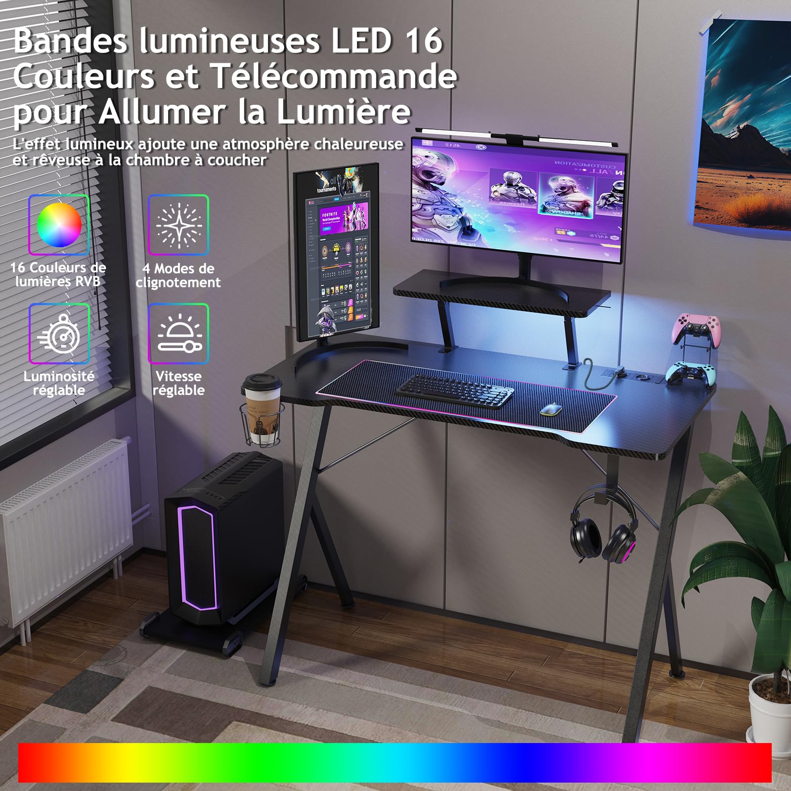 Bureau Gaming LED 100x80 Cm Avec Rangement, Prises Et Support Moniteur - Table Gamer Multifonction
