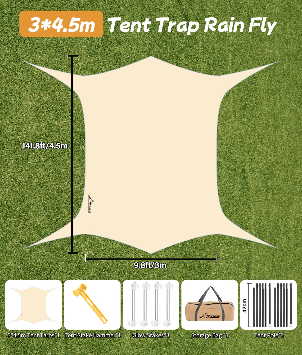 WADEO Plandeka namiotowa, wodoszczelna, 4,5 x 3 m, odporna na promieniowanie UV, z drążkami + śledziami do namiotu + linki napinające, na kemping, wędrówki, piknik na świeżym powietrzu