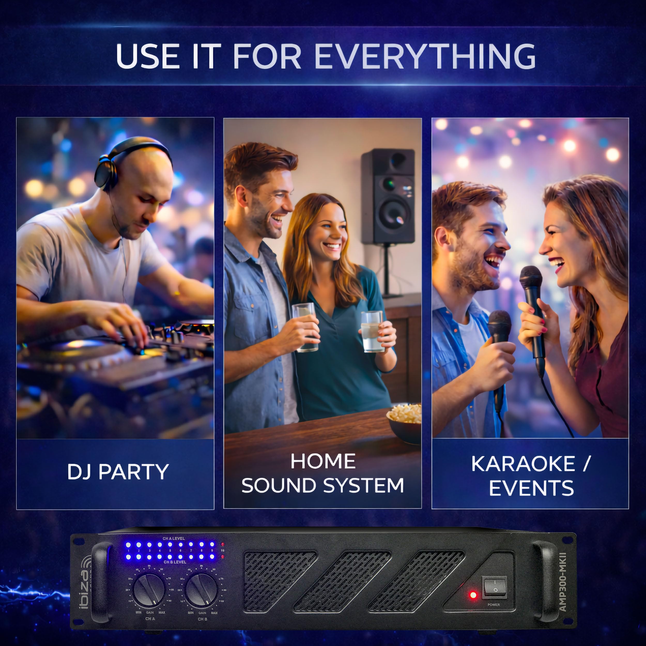 Ibiza AMP300-MKII Amplificador PA profesional 2x240 W – Amplificador de potencia estéreo montable en rack de 19” con entradas RCA/Jack, salidas Speakon/bloque de terminales y protección electrónica