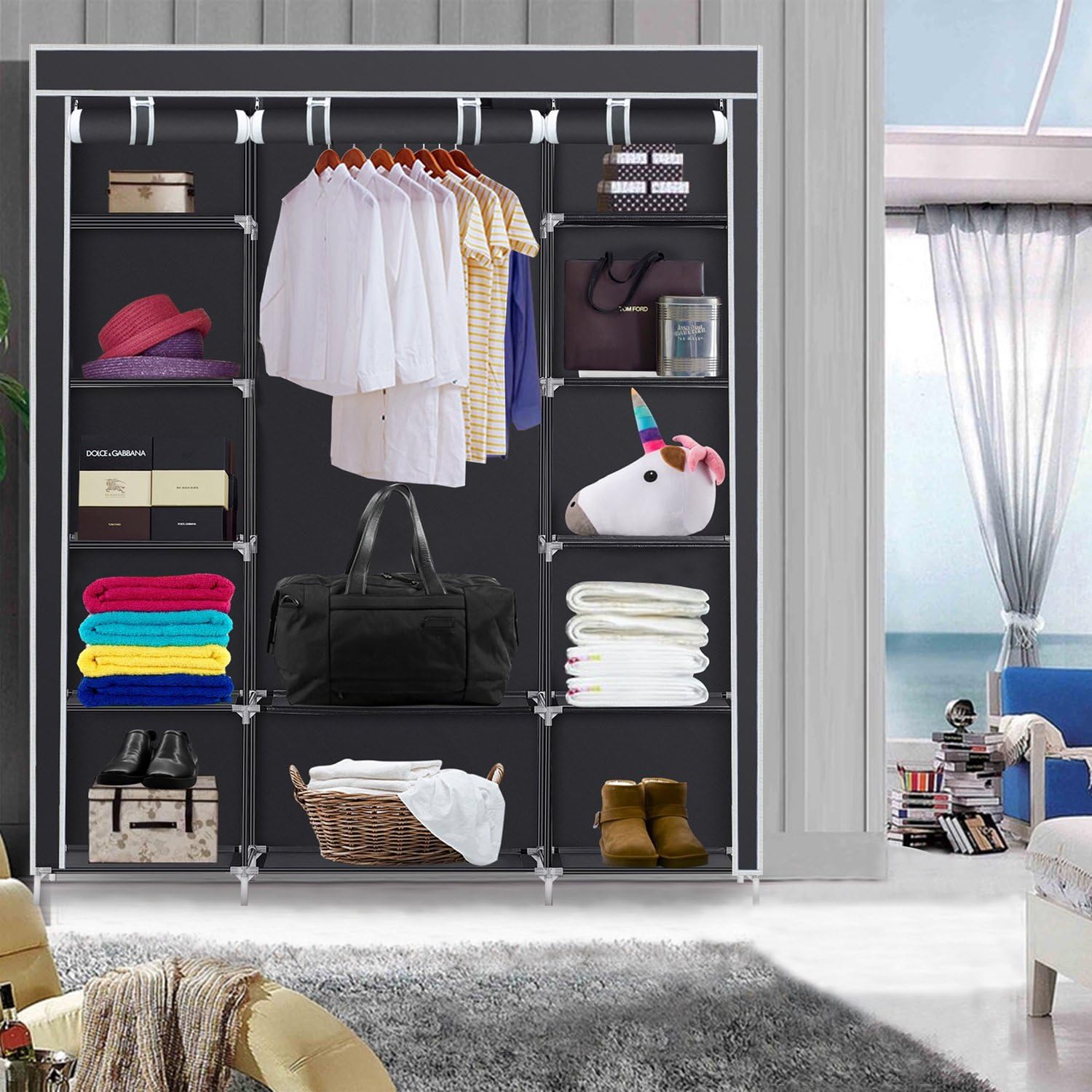 HERRON Portable Clothes Closet Strong and Durable Wardrobe Closet Storage Organizer (black3)