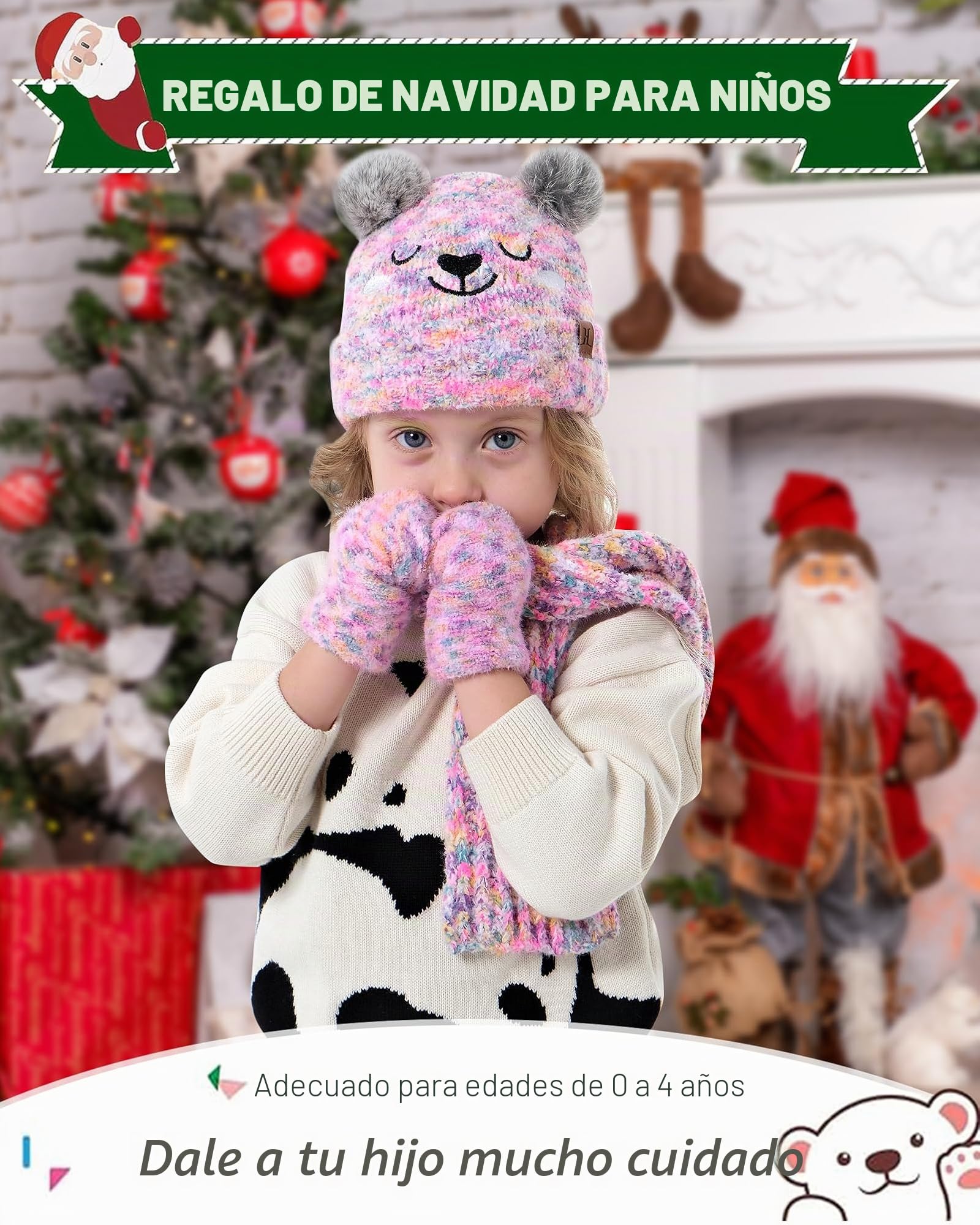 Niños Invierno Gorro Pompon Guantes Bufanda Conjunto Manoplas con Forro Polar Regalo Bebe para 0-8 Años Niña Niño