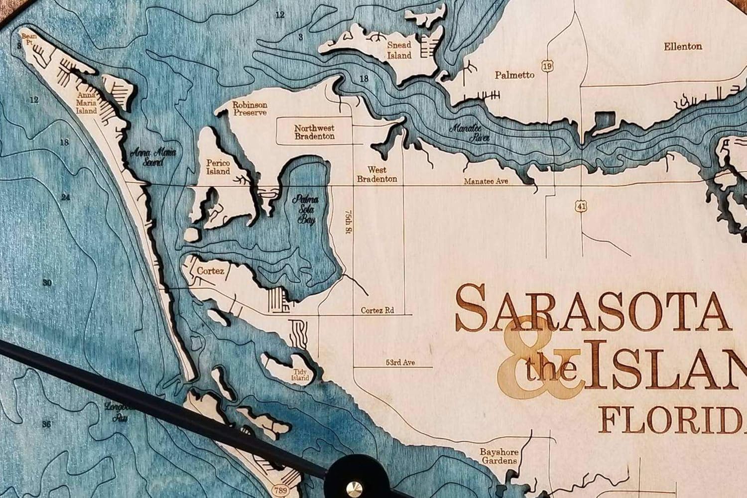Sea & Soul Sarasota Bay Nautical Chart Art 24” Wood Wall Clock, Made in The USA, 3D Wood Maps, 3-D Nautical Wood Chart, Lake Art, Coastal Decor, Nautical Gift (Warm Americana - Blue Green)