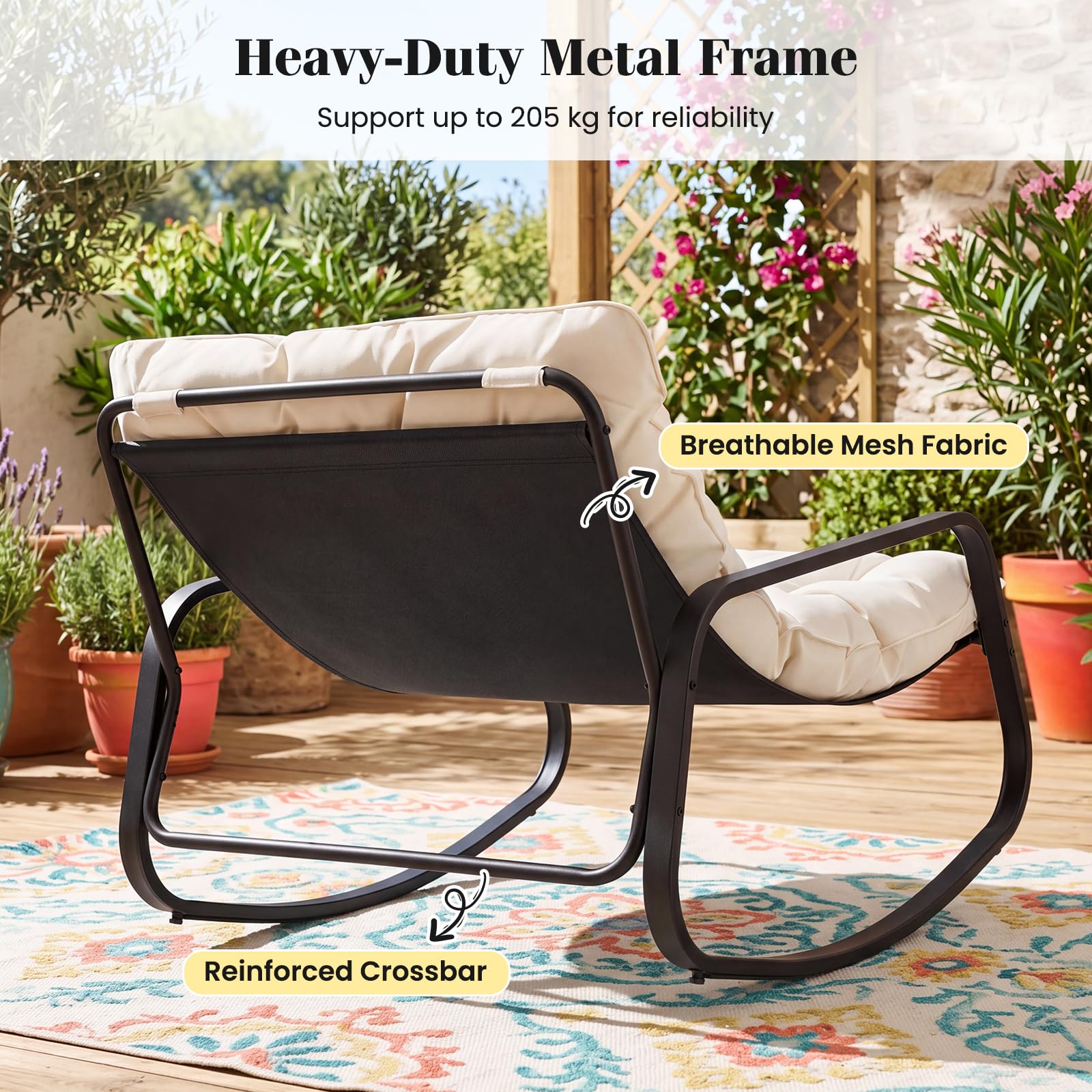 COSTWAY Fauteuil à Bascule Exterieur, Charge 205 kg, Fauteuil de Jardin Papasan en Métal, Coussin Amovible&Épais 13 cm, Base Antidérapante, Rocking Chair pour Salon Balcon, 120 x 91 x 78 cm (Beige)