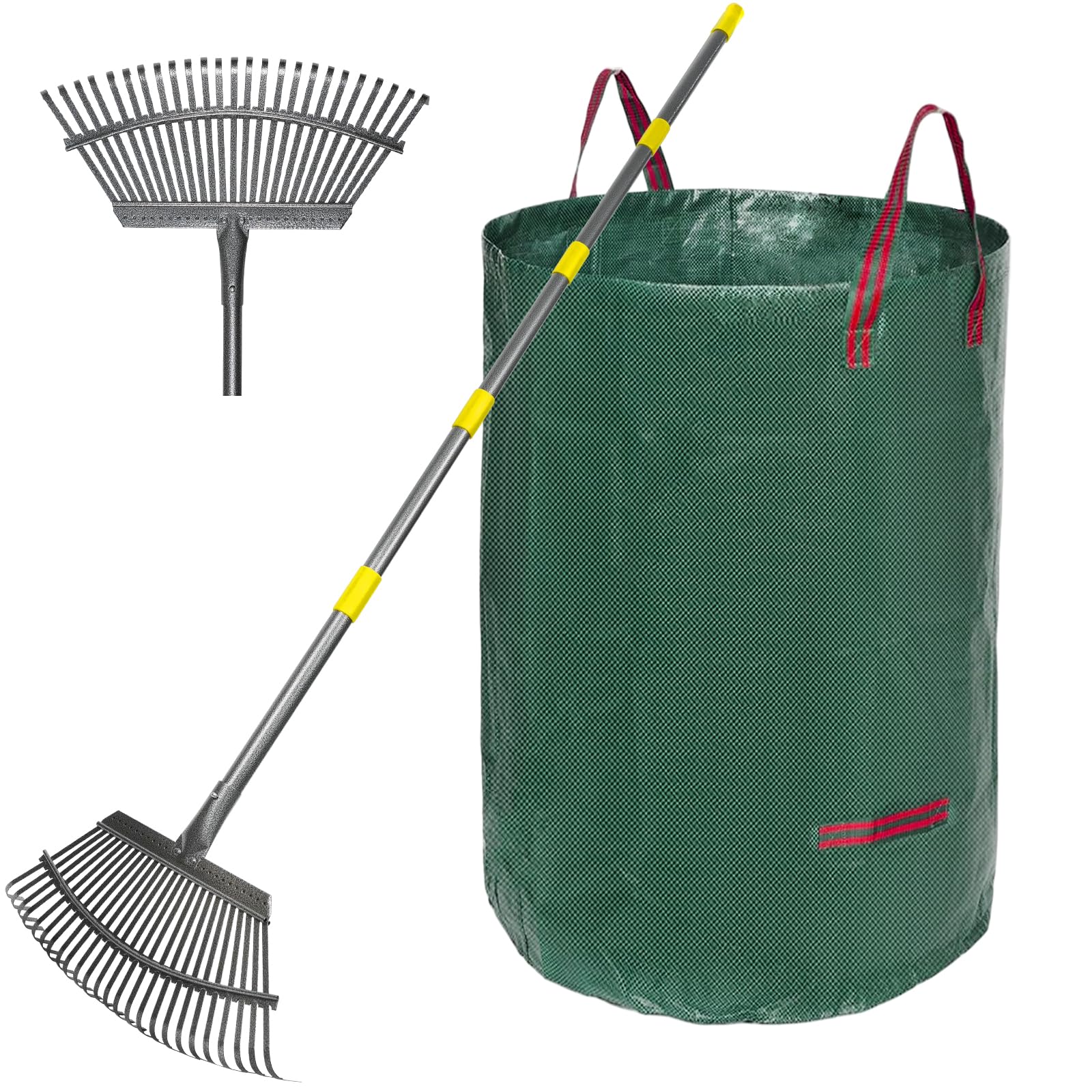Adjustable Garden Rake for Leaves 36-73" Long Handle, 18" Wide, Heavy Duty with 25 Metal Tines ?Includes 32Gallon Leaf Bags?Designed for Lawns, Grass, Shrubs ?Flower Beds