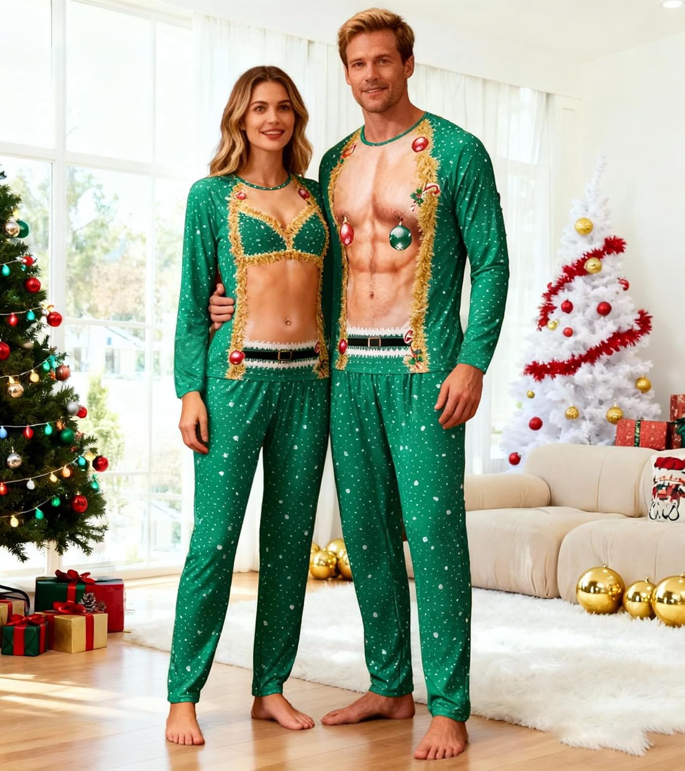 Couple Ugly Christmas Pajamas Set Long Sleeve Pjs for Women Men Sleepwear Jammies Party