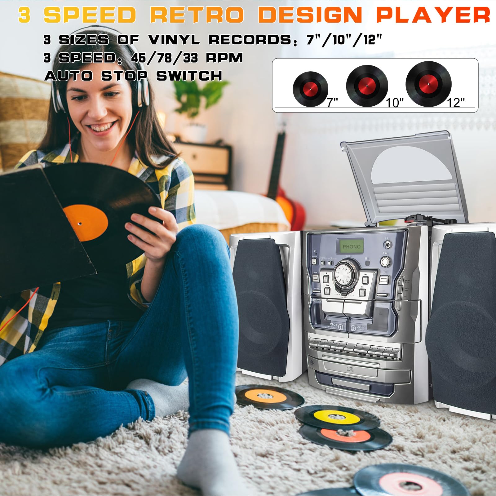 ミュージック Hfdcvv Amazon.com: HONGUT Bluetooth Vinyl Stereo Record Player, 3