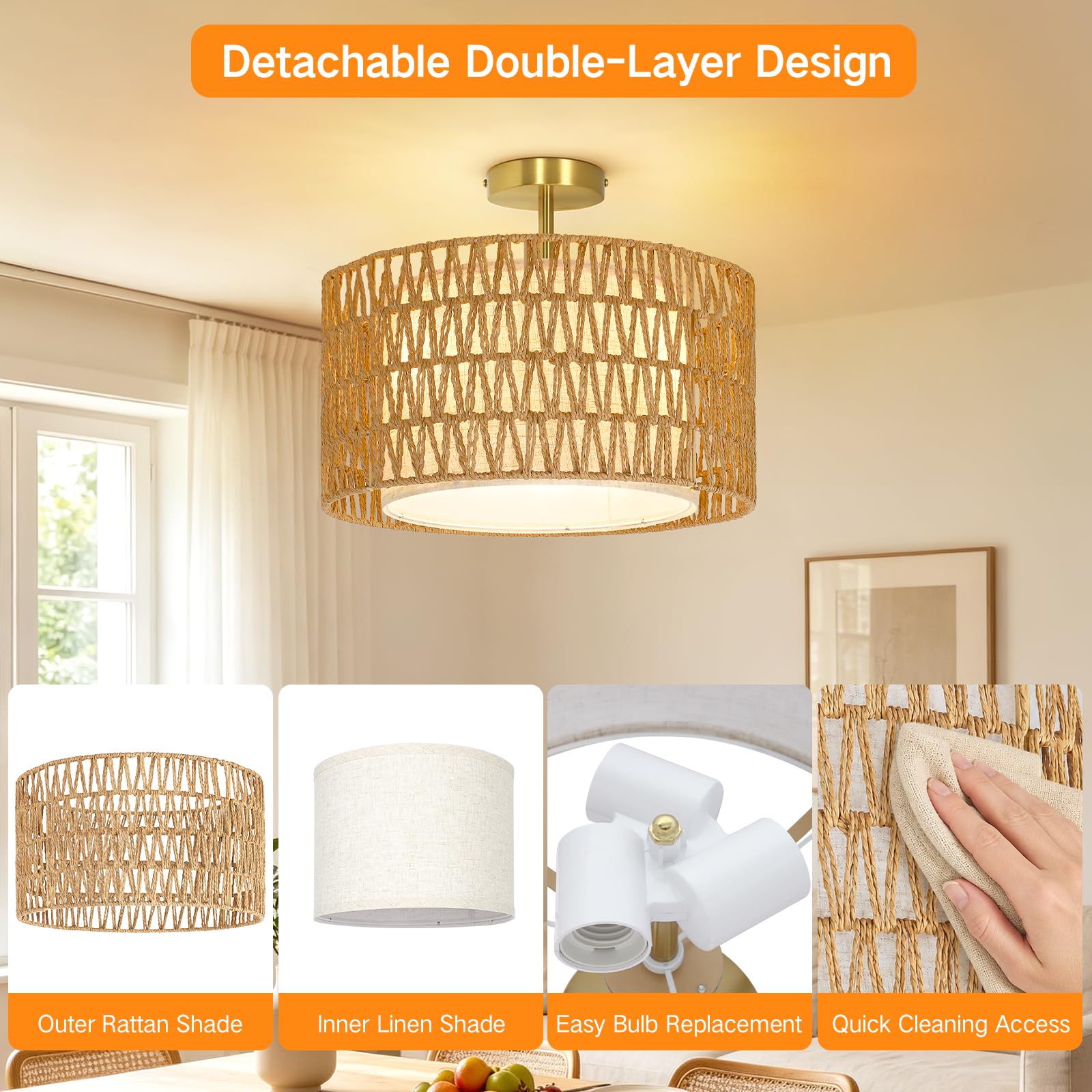OUTON Plafoniera Boho in Rattan, 3 Luci, Ø43 cm, Dorata | Rattan naturale e paralume interno in tessuto, per soggiorno, camera, cucina e sala da pranzo, 3 x E27, lampadine escluse