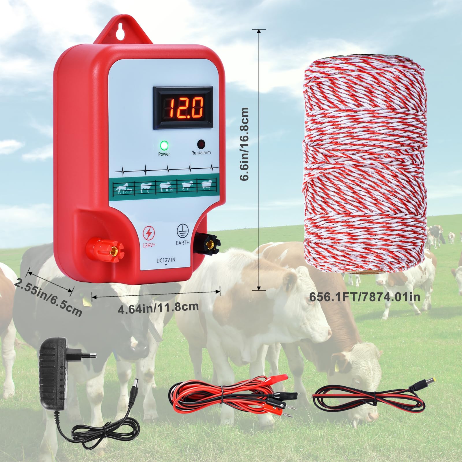15KM Pastor Electrico, cerca eléctrica Controlador de pulso de alto voltaje seguro Granja de animales Cerca eléctrica Pastor Granja de animales Pastor eléctrico (Rojo)