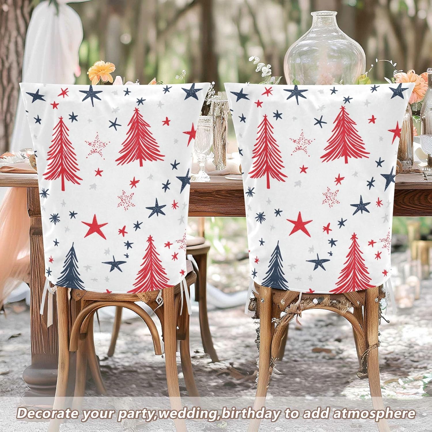 ALAZA Christmas Trees and Stars Chair Back Cover Set of 6, Washable Reusable Removable Chair Slipcovers Decorative Chair Cover for Home Kitchen Wedding Party