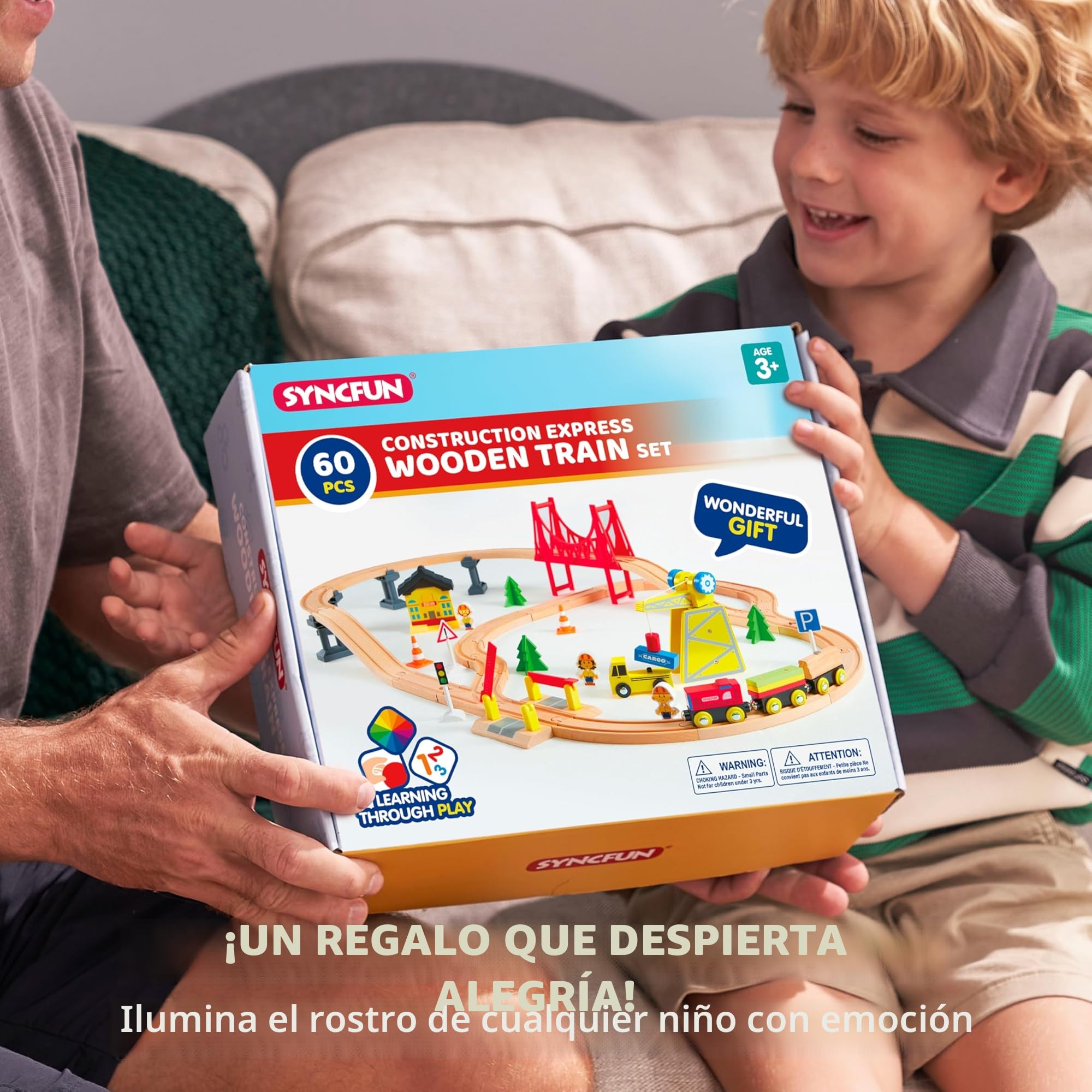 SYNCFUN 60 Piezas Tren Madera Juguete Montessori para Edades de 3 4 5 6 7 Años, Tren de Construcción, Ferrocarril de Ingeniería con Grúa Magnética, Trenes y Accesorios, Regalo para Niños y Niña