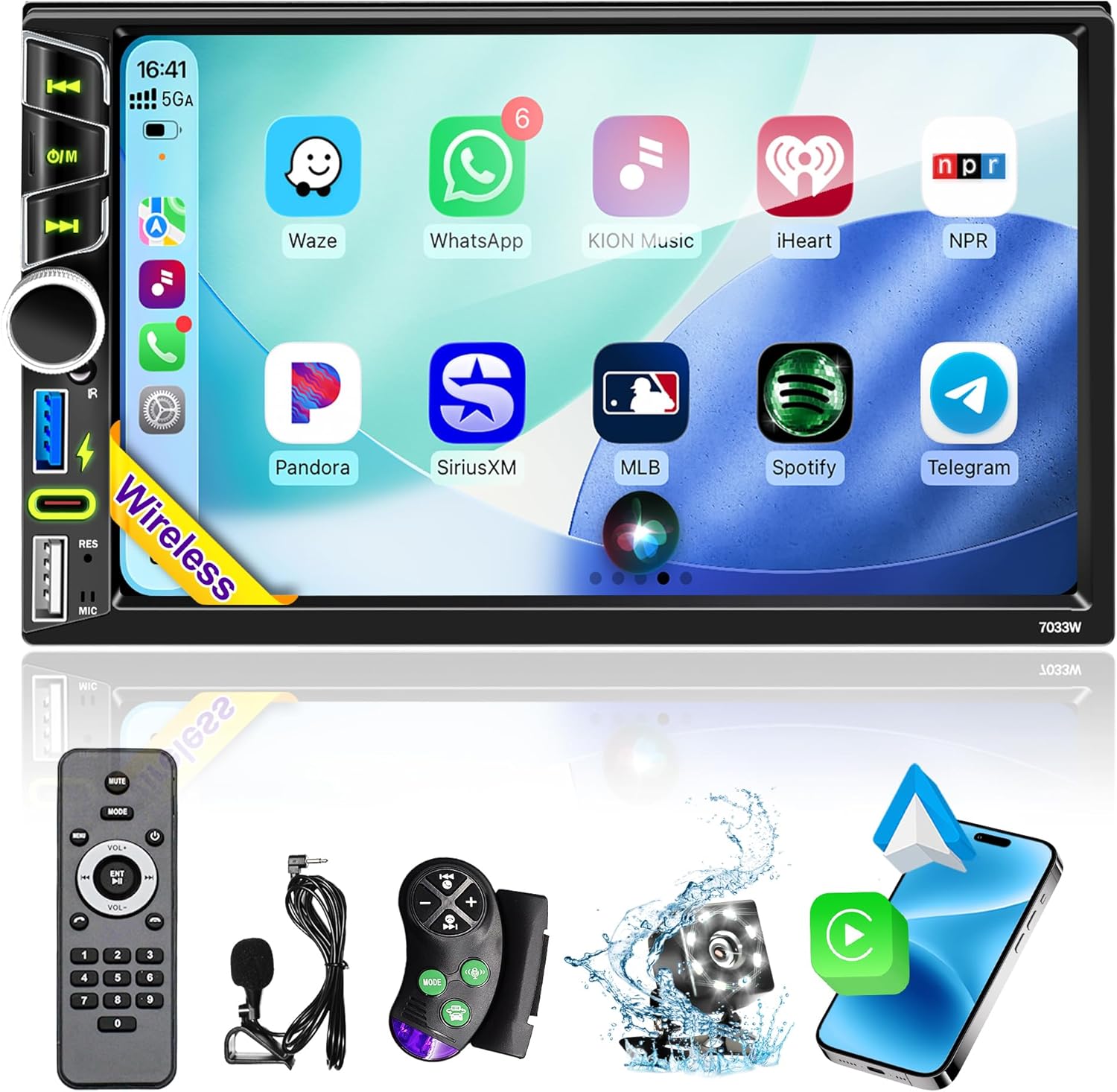 Wireless Double Din Car Stereo Apple CarPlay Android Auto,7" Touchscreen Car Radio Receivers, Bluetooth 5.2,FM AM Radio,Backup Camera,Physical Knob,SWC,Equalizer,Subwoofer,MirrorLink,USB/Type-C