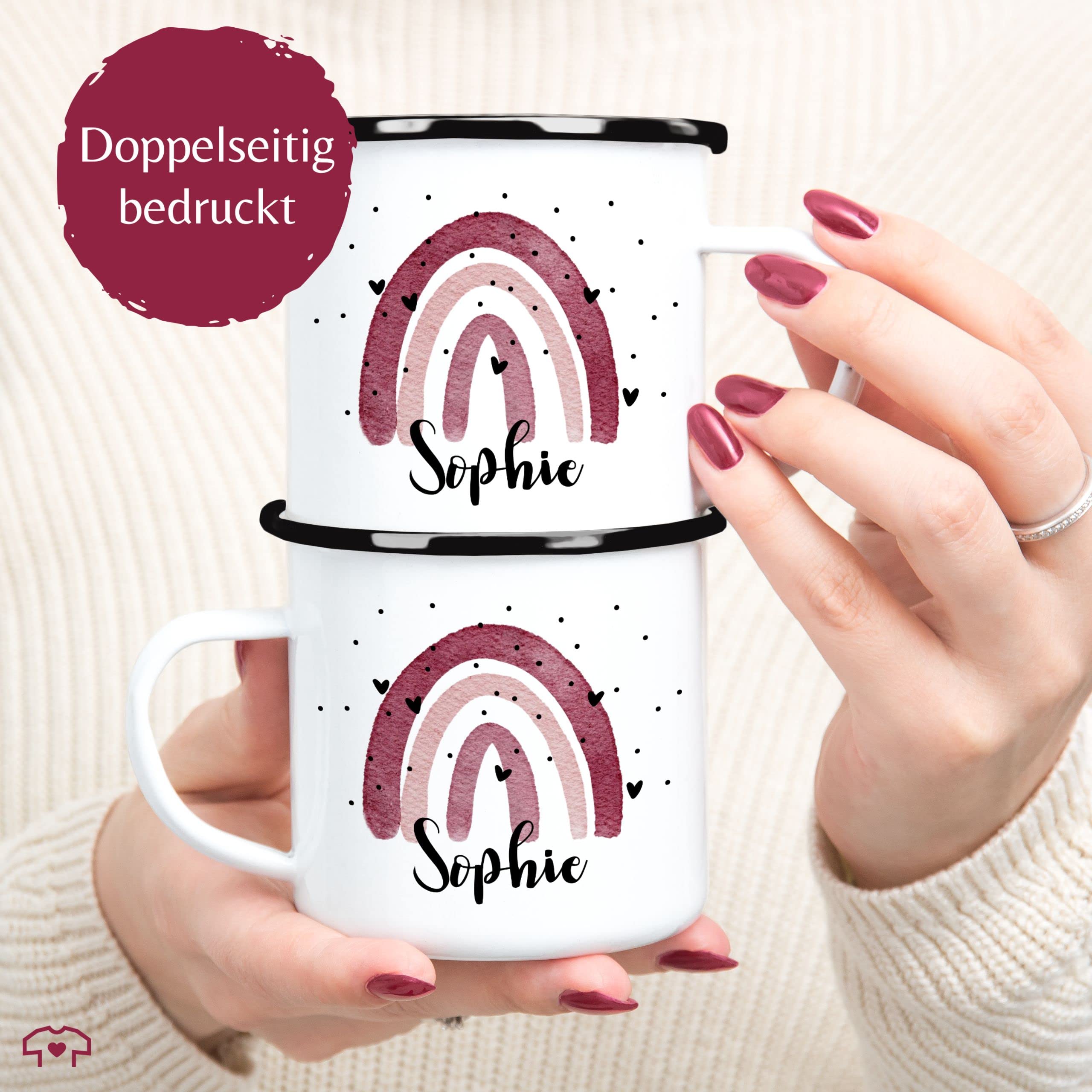 Personalisiertbare Emaille Tasse - Boho Regenbogen Design Mit Namen - 300 Ml (Weiß/Schwarz)