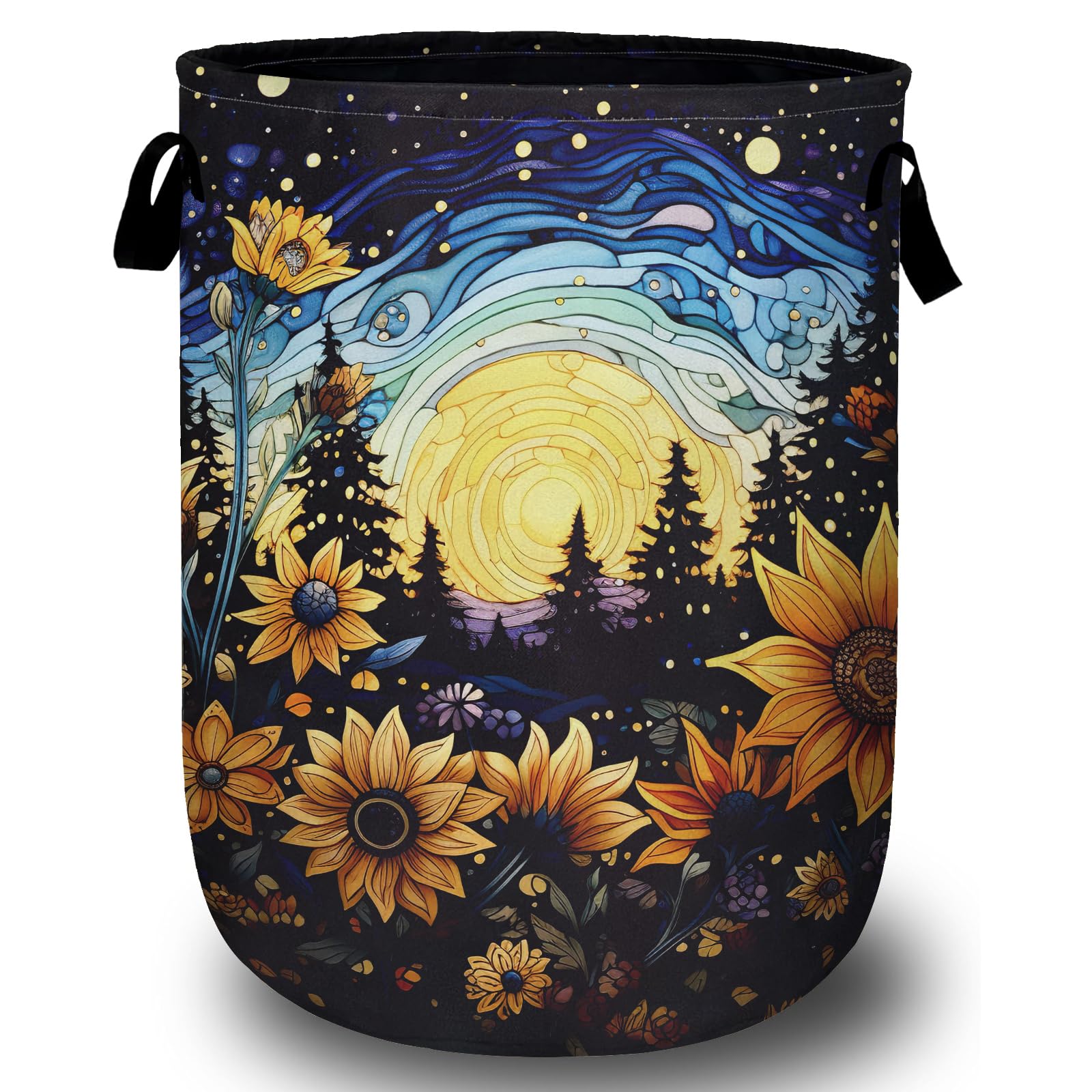Starry Sky Sunflower Laundry Basket, Moon Flower Laundry Hamper Collapsible Oxford Cloth with Handle Clothes Storage Bin for Bathroom Laundry Room Bedroom 15.7 X 20 Inch