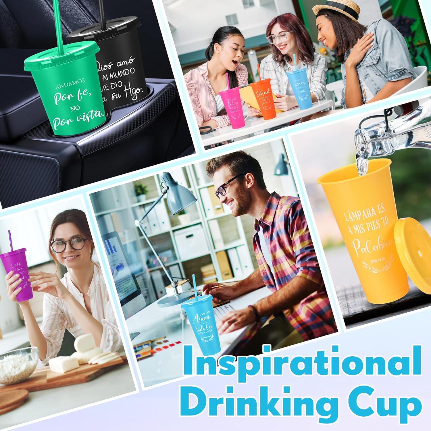 24 Packs Inspirational Christian Gift Spanish Bible Verse Cup Bulk 24oz Religious Plastic Tumbler with Lid Straw for Valentine Easter Church (Red,Blue,Pink,Green,Purple,Black,Orange) - Image 5